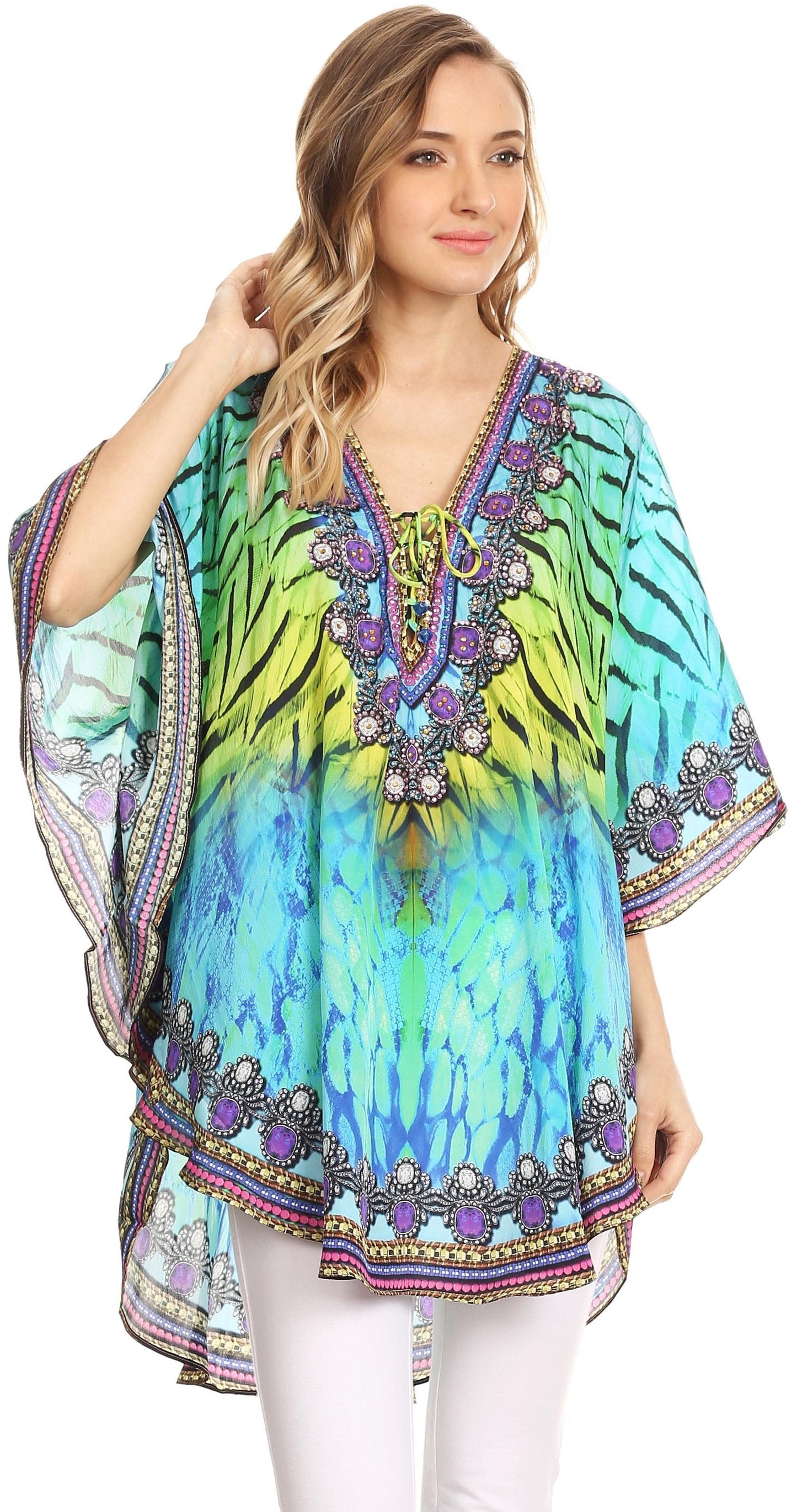 Sakkas Tallulah Wide Circle Blouse V Neck Top With Tassle Ties And Rhinestones - Concordia Style Boutique
