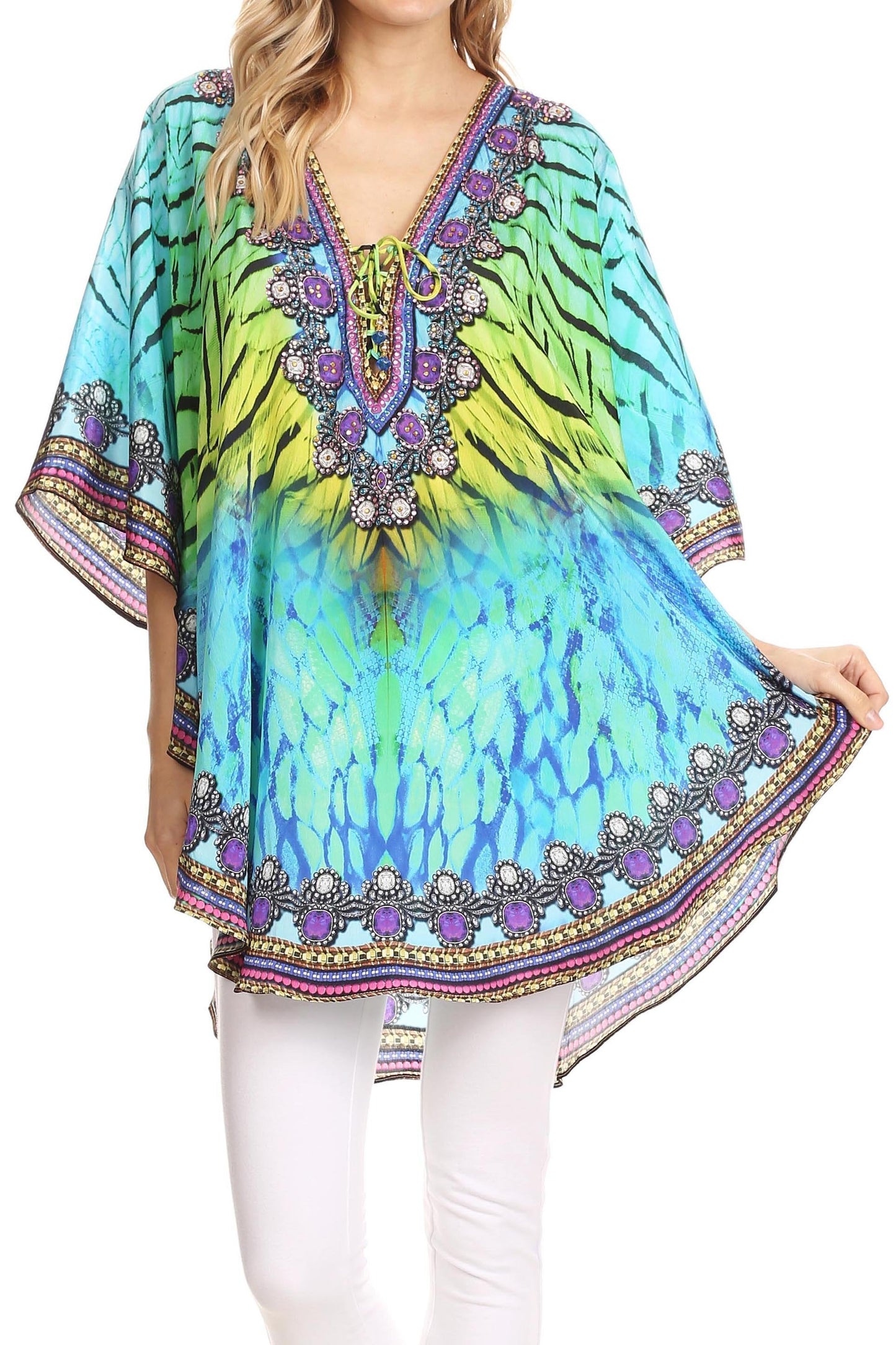 Sakkas Tallulah Wide Circle Blouse V Neck Top With Tassle Ties And Rhinestones - Concordia Style Boutique
