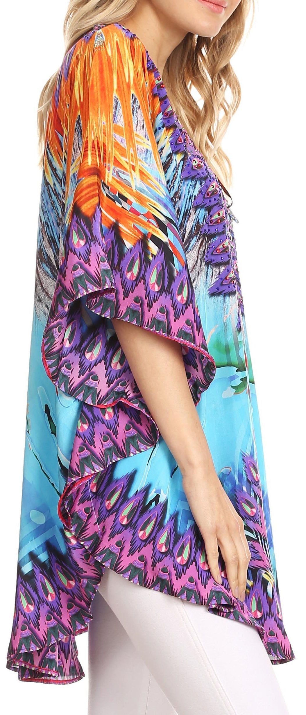 Sakkas Tallulah Wide Circle Blouse V Neck Top With Tassle Ties And Rhinestones - Concordia Style Boutique