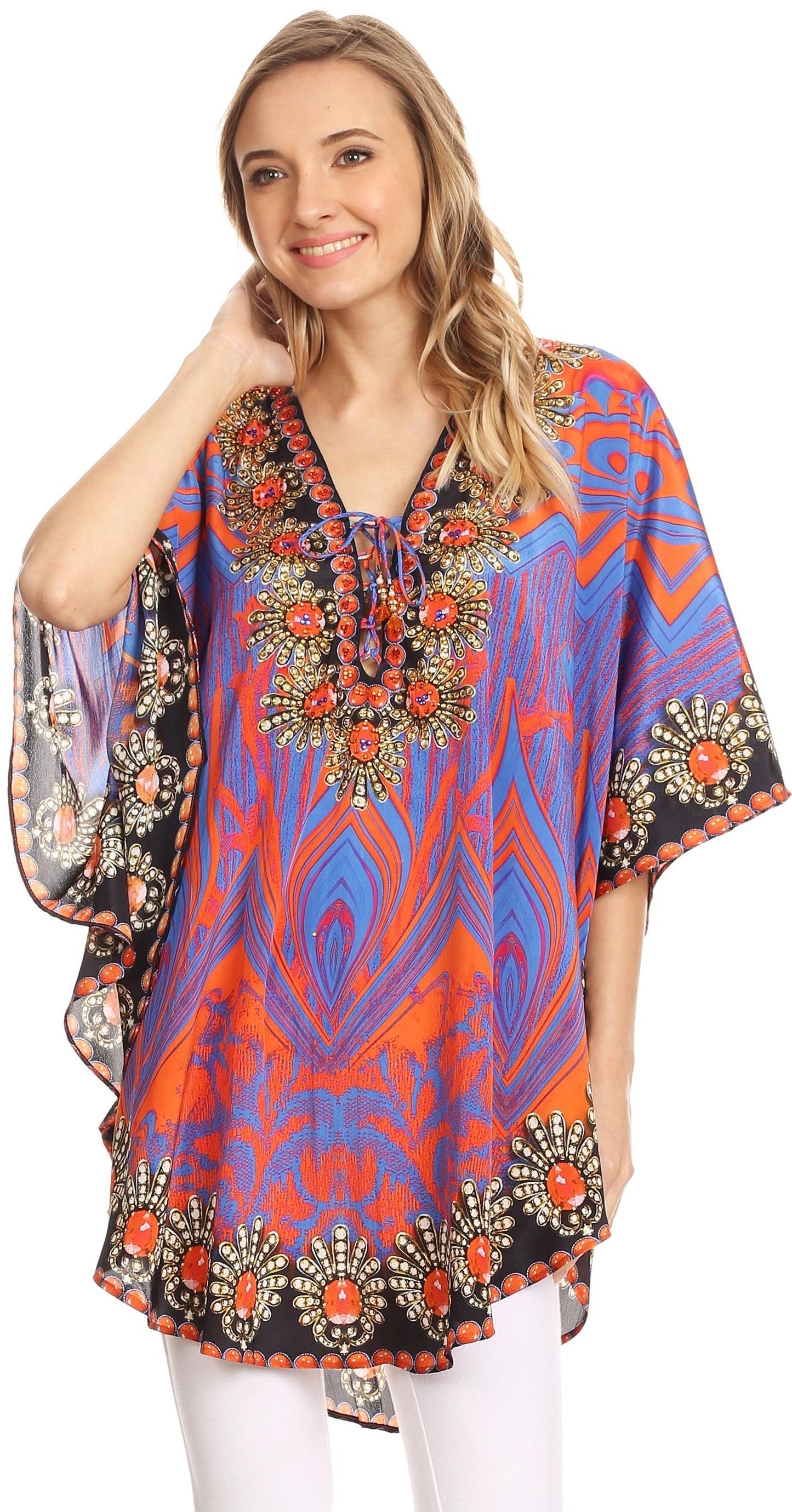 Sakkas Tallulah Wide Circle Blouse V Neck Top With Tassle Ties And Rhinestones - Concordia Style Boutique