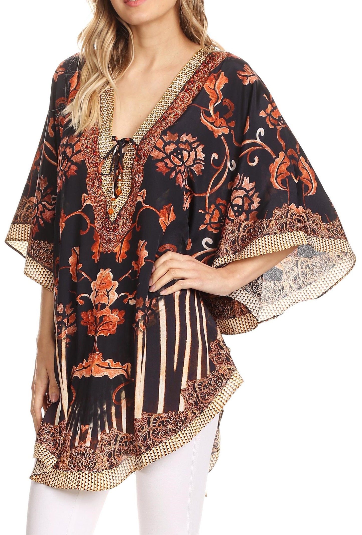 Sakkas Tallulah Wide Circle Blouse V Neck Top With Tassle Ties And Rhinestones - Concordia Style Boutique