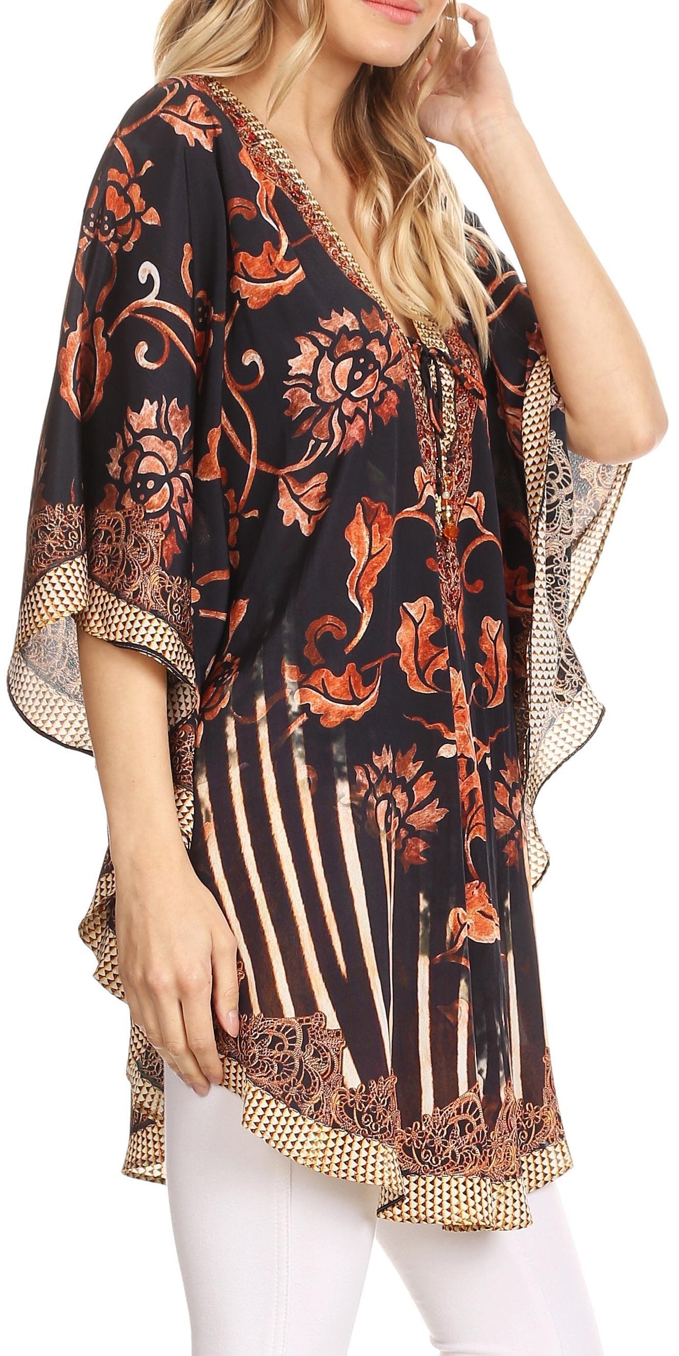 Sakkas Tallulah Wide Circle Blouse V Neck Top With Tassle Ties And Rhinestones - Concordia Style Boutique