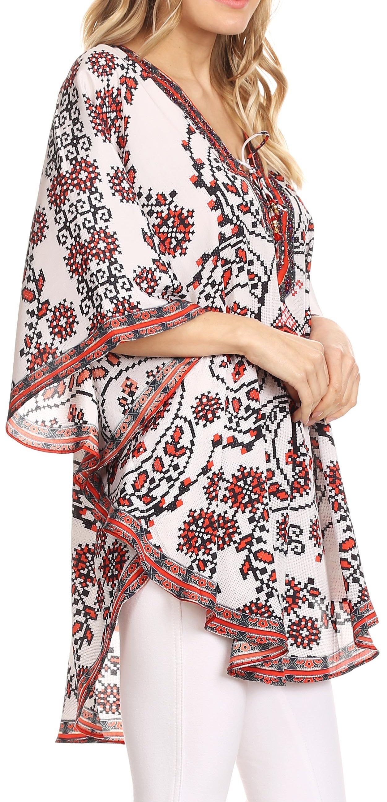 Sakkas Tallulah Wide Circle Blouse V Neck Top With Tassle Ties And Rhinestones - Concordia Style Boutique