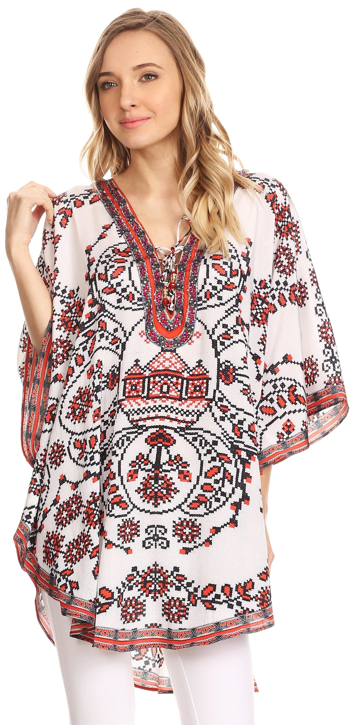 Sakkas Tallulah Wide Circle Blouse V Neck Top With Tassle Ties And Rhinestones - Concordia Style Boutique