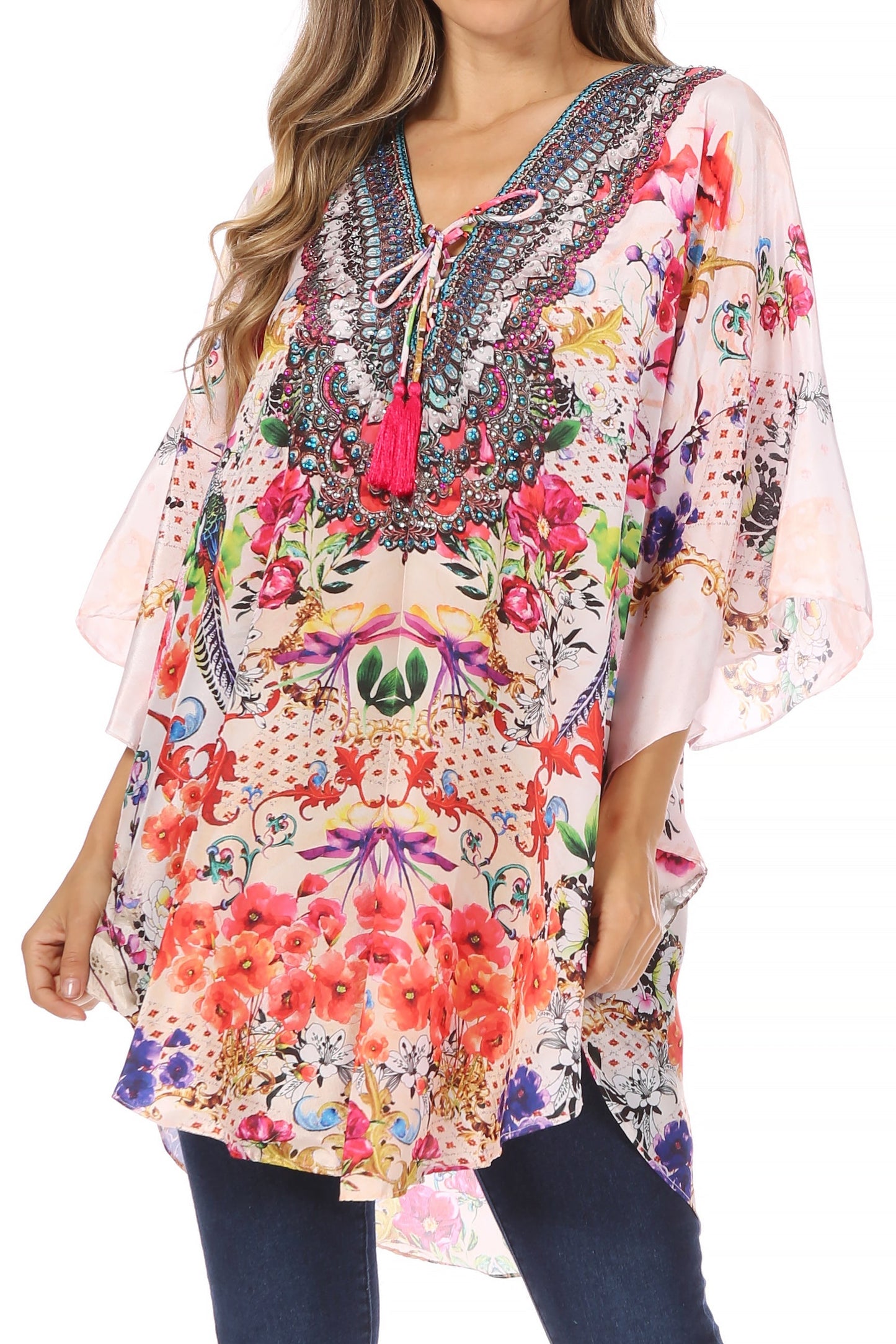 Sakkas Tallulah Wide Circle Blouse V Neck Top With Tassle Ties And Rhinestones - Concordia Style Boutique
