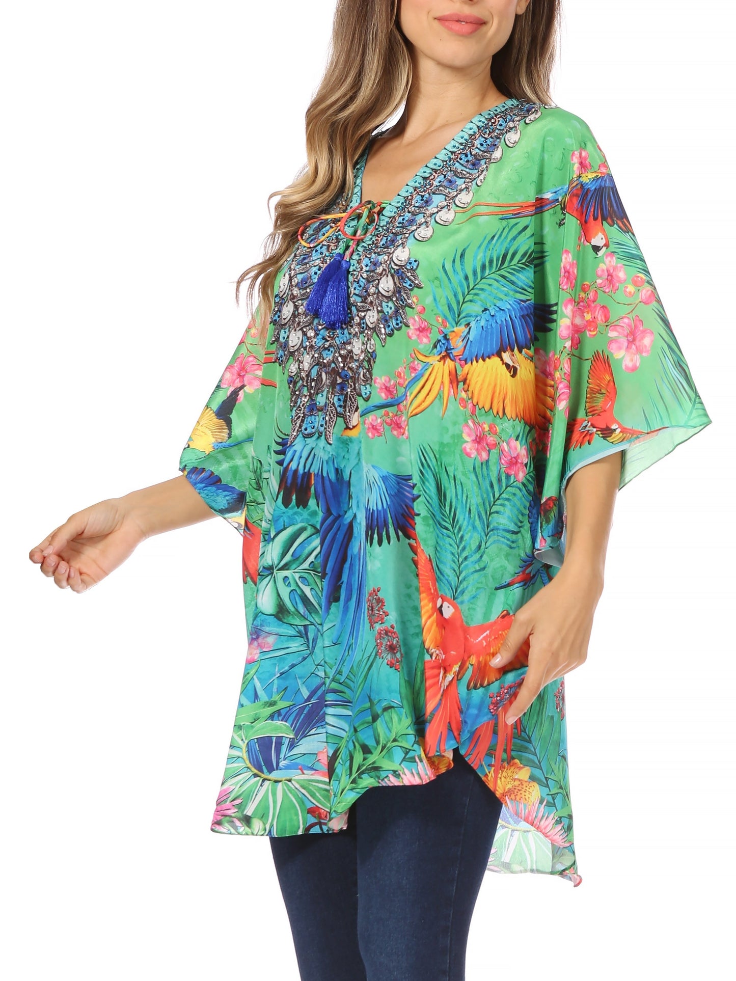 Sakkas Tallulah Wide Circle Blouse V Neck Top With Tassle Ties And Rhinestones - Concordia Style Boutique