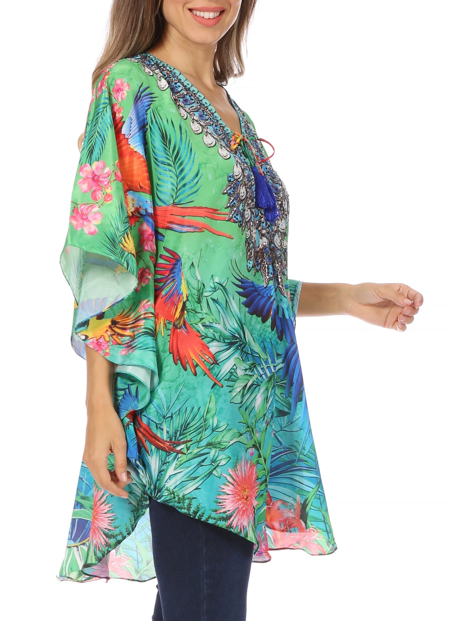 Sakkas Tallulah Wide Circle Blouse V Neck Top With Tassle Ties And Rhinestones - Concordia Style Boutique