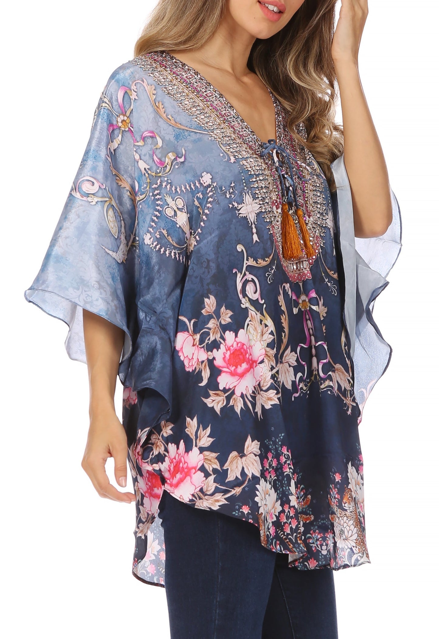 Sakkas Tallulah Wide Circle Blouse V Neck Top With Tassle Ties And Rhinestones - Concordia Style Boutique