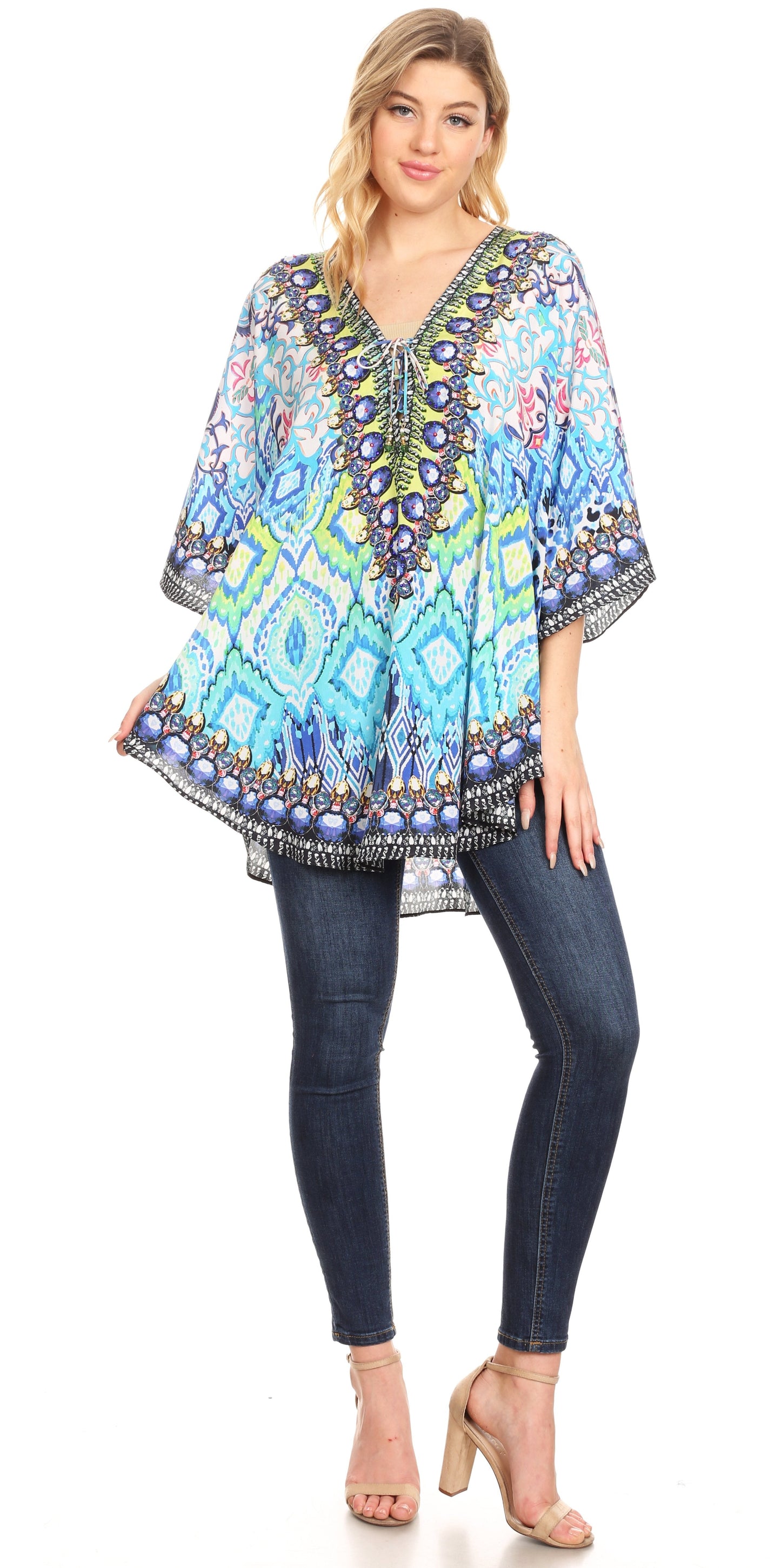 Sakkas Tallulah Wide Circle Blouse V Neck Top With Tassle Ties And Rhinestones - Concordia Style Boutique