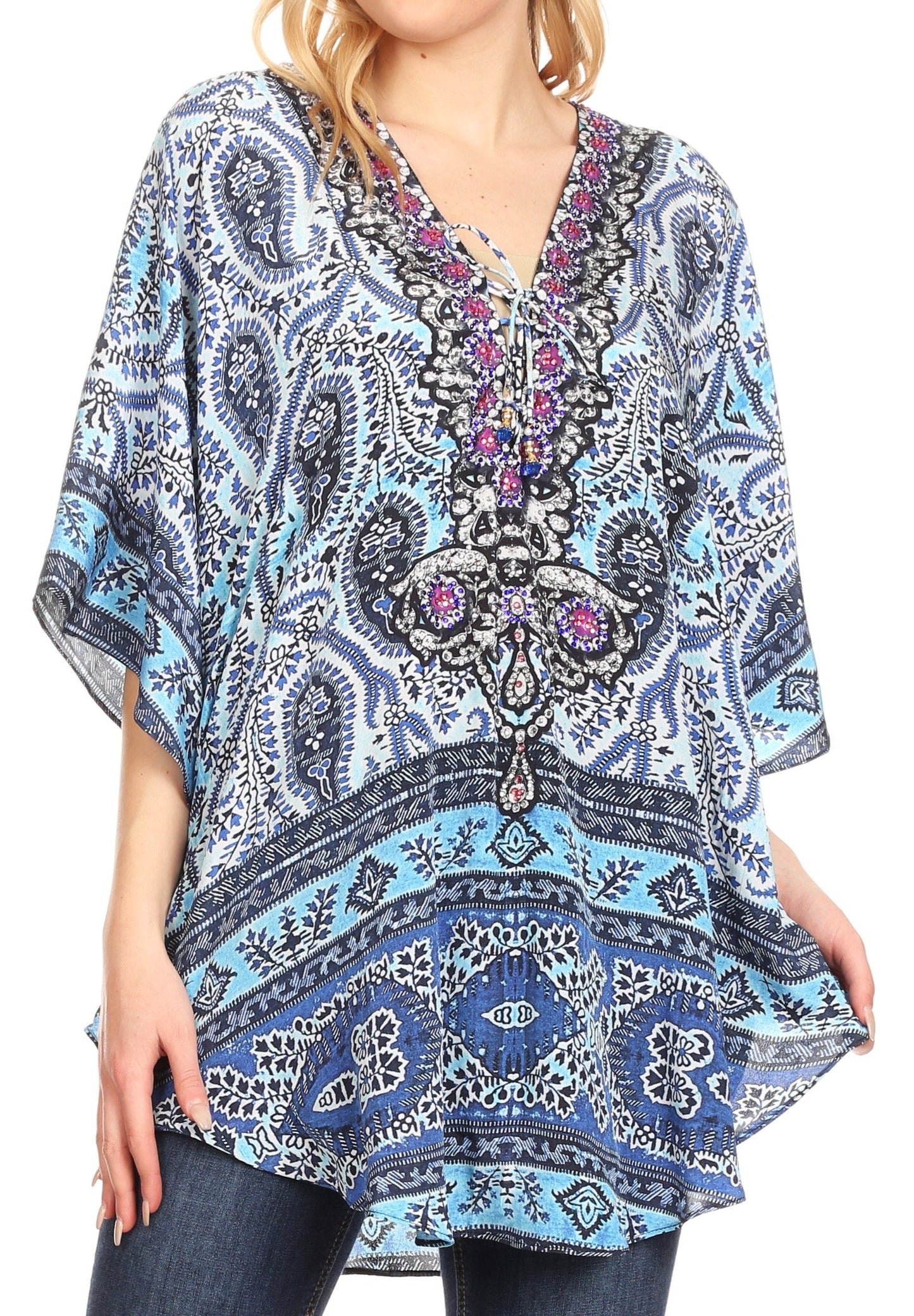 Sakkas Tallulah Wide Circle Blouse V Neck Top With Tassle Ties And Rhinestones - Concordia Style Boutique