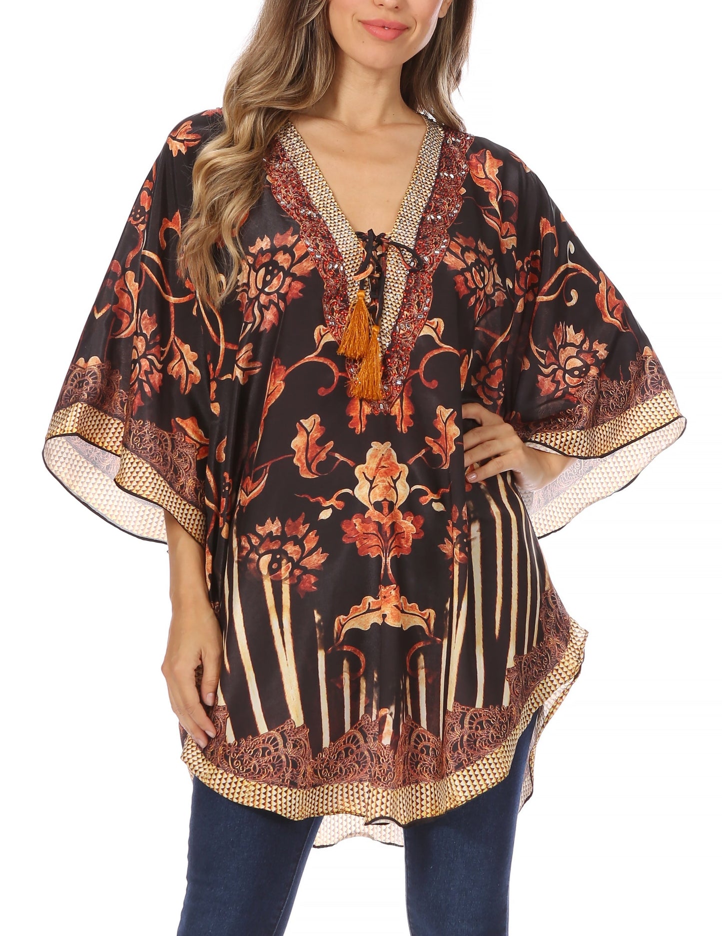 Sakkas Tallulah Wide Circle Blouse V Neck Top With Tassle Ties And Rhinestones - Concordia Style Boutique