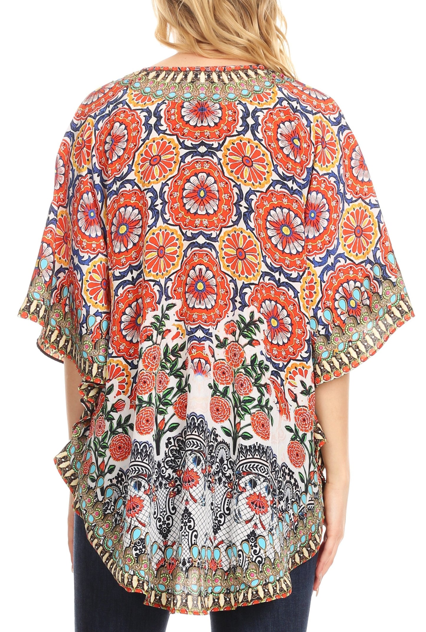 Sakkas Tallulah Wide Circle Blouse V Neck Top With Tassle Ties And Rhinestones - Concordia Style Boutique