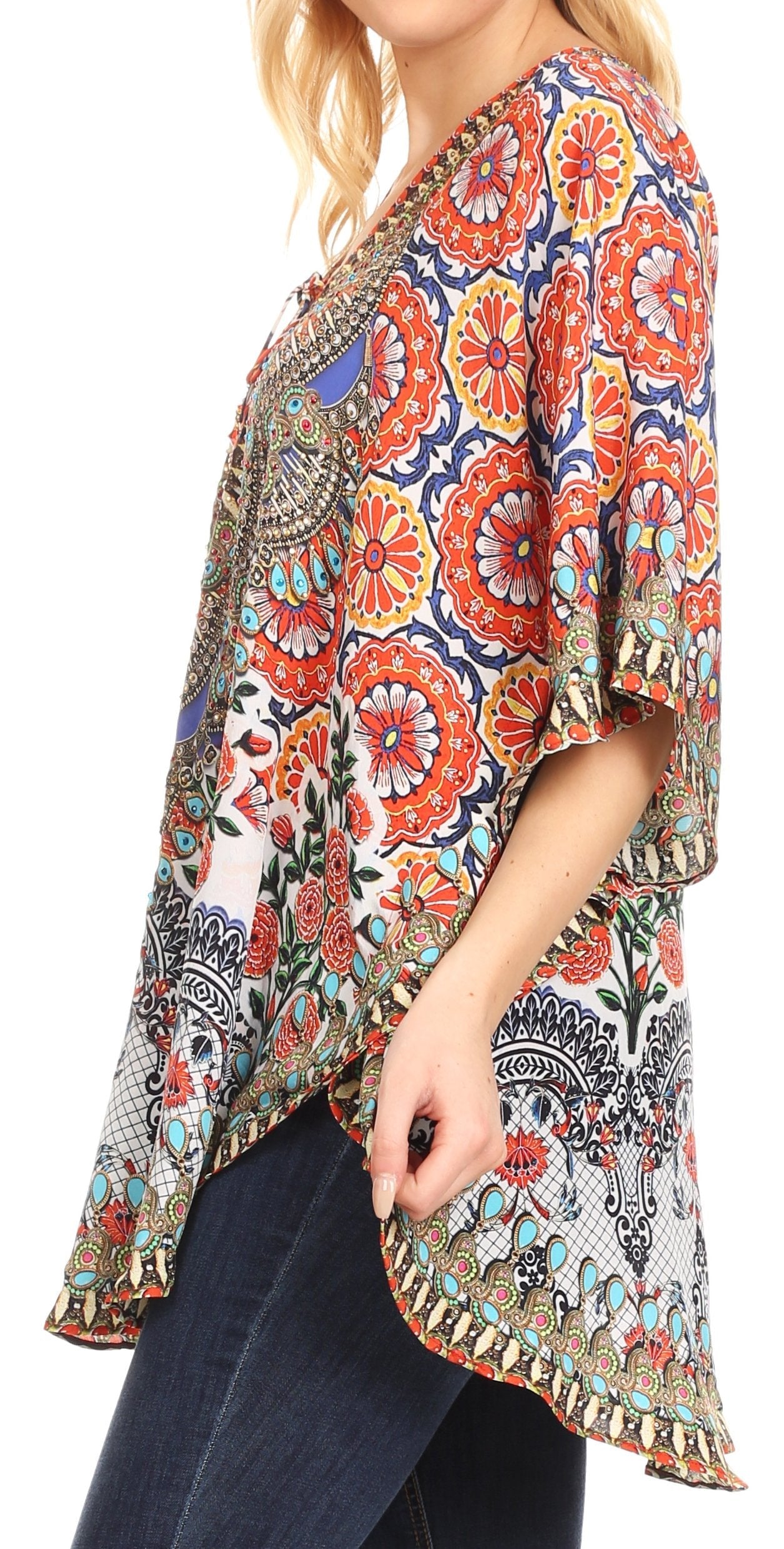 Sakkas Tallulah Wide Circle Blouse V Neck Top With Tassle Ties And Rhinestones - Concordia Style Boutique
