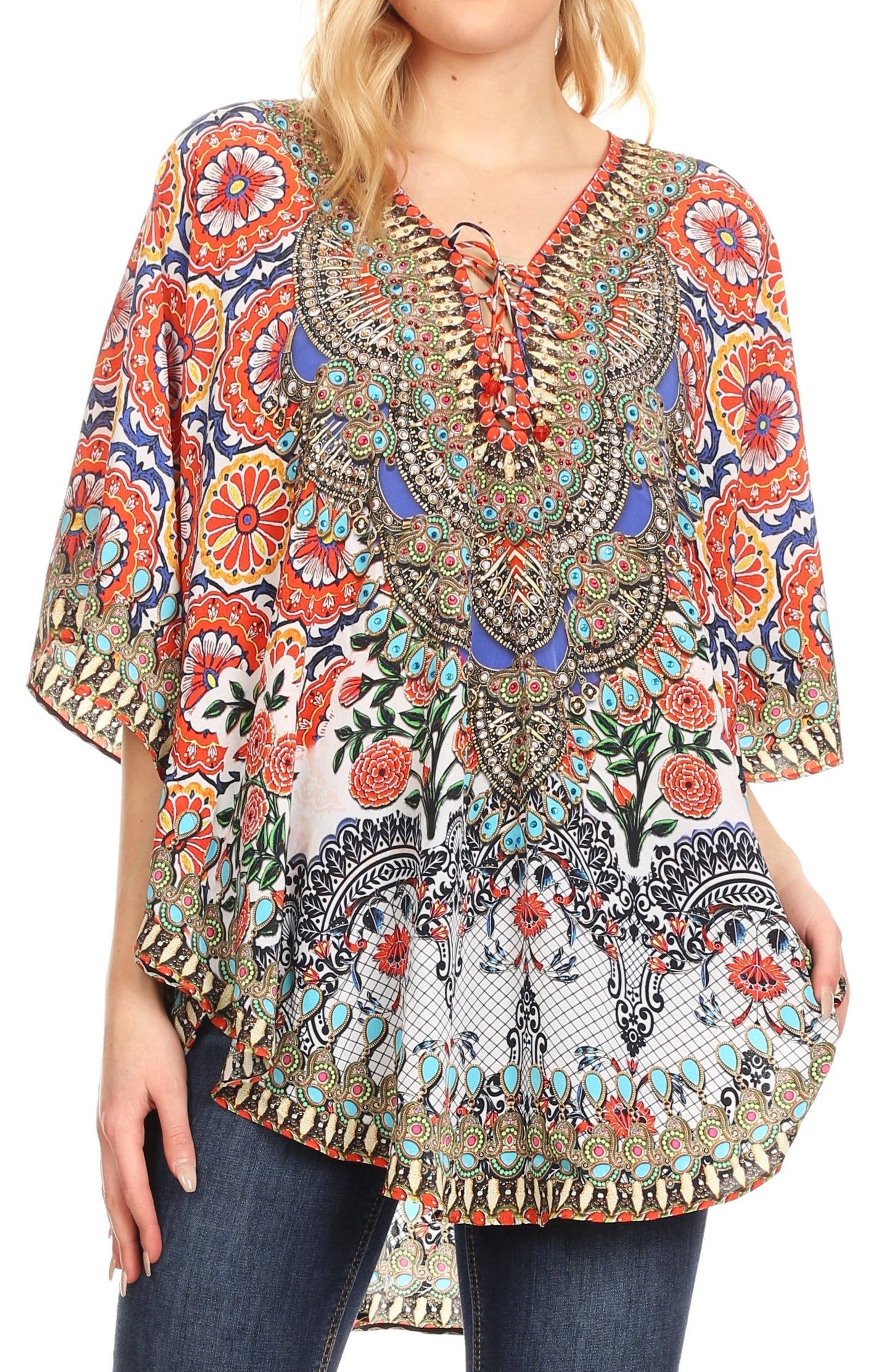 Sakkas Tallulah Wide Circle Blouse V Neck Top With Tassle Ties And Rhinestones - Concordia Style Boutique