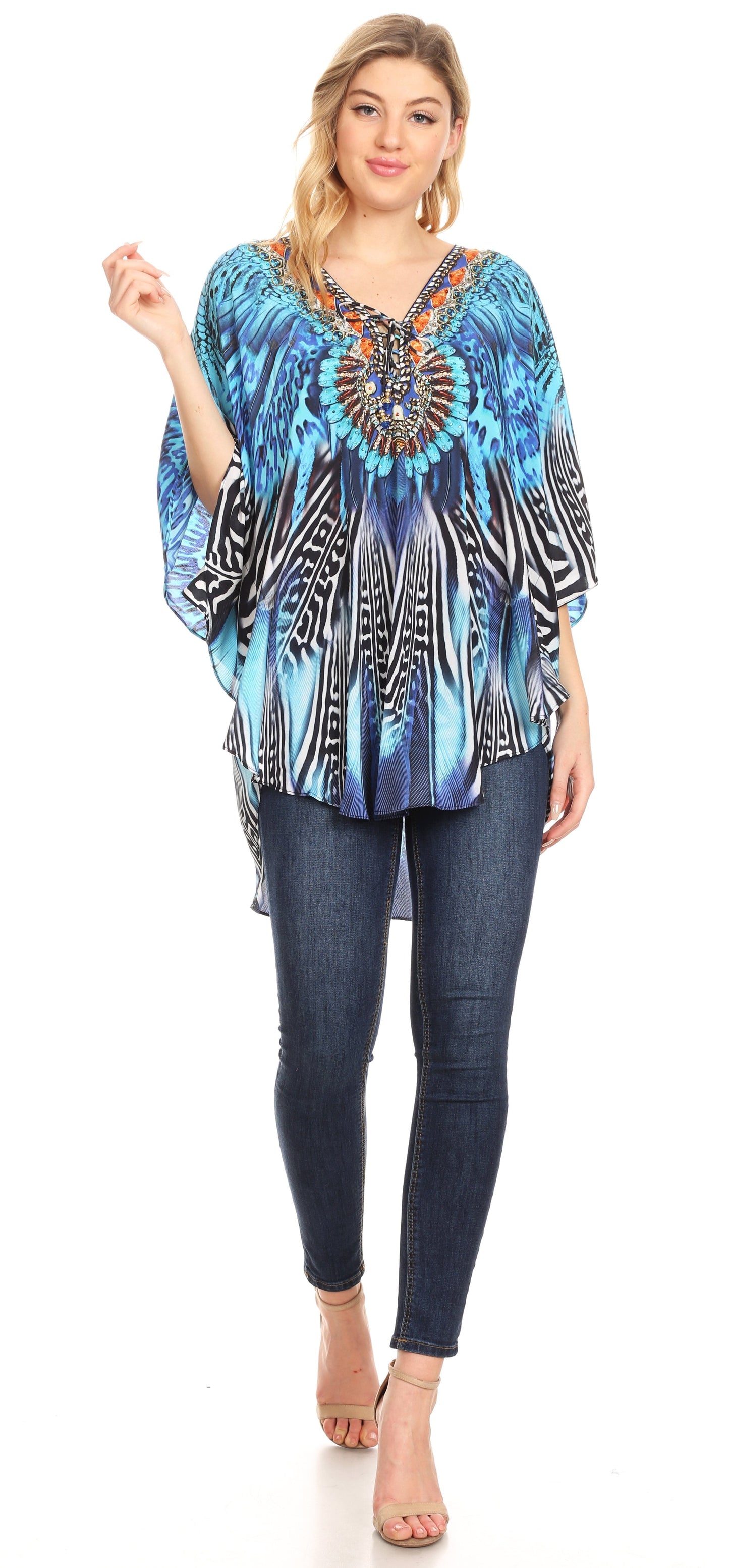 Sakkas Tallulah Wide Circle Blouse V Neck Top With Tassle Ties And Rhinestones - Concordia Style Boutique