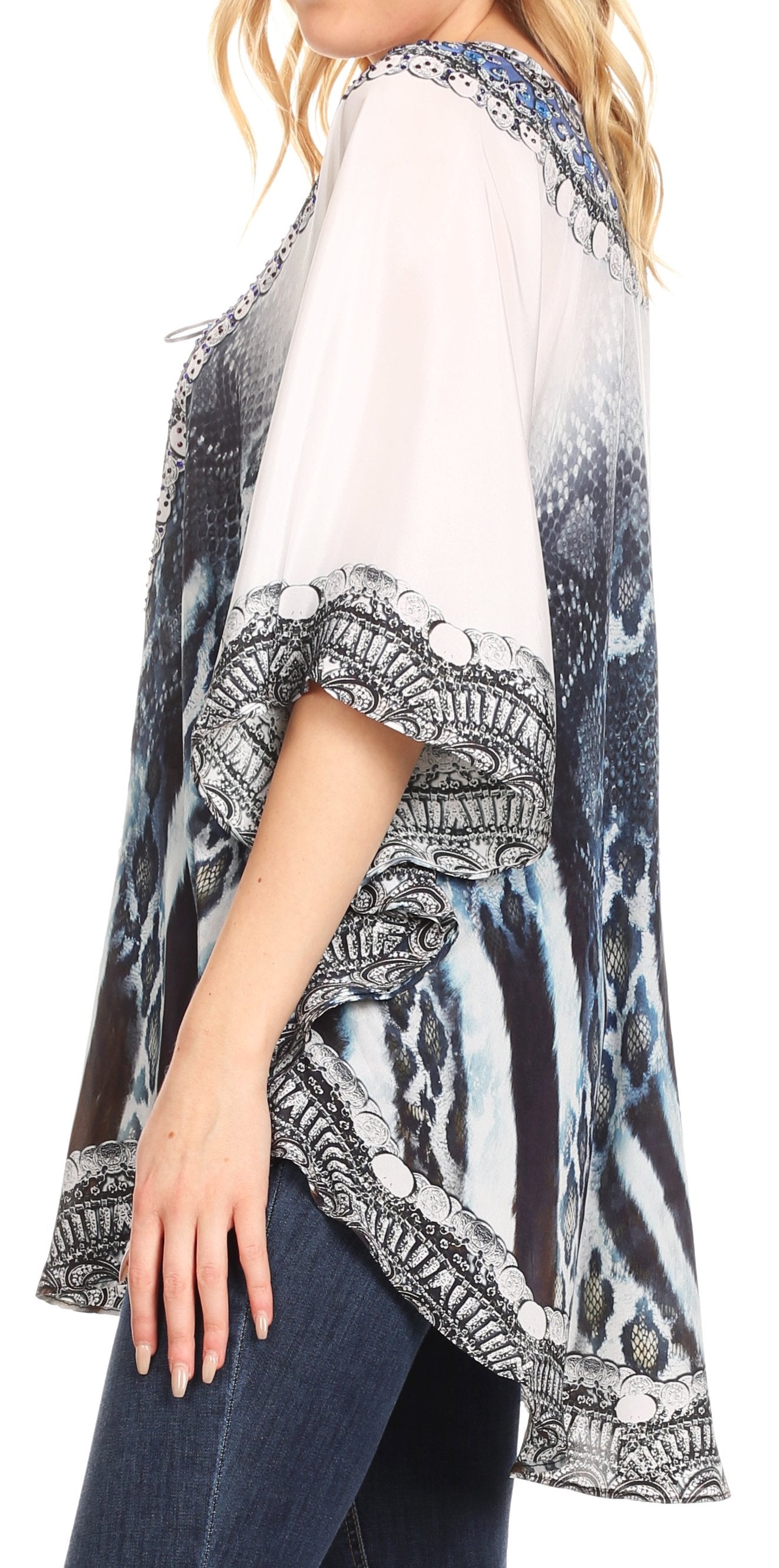 Sakkas Tallulah Wide Circle Blouse V Neck Top With Tassle Ties And Rhinestones - Concordia Style Boutique