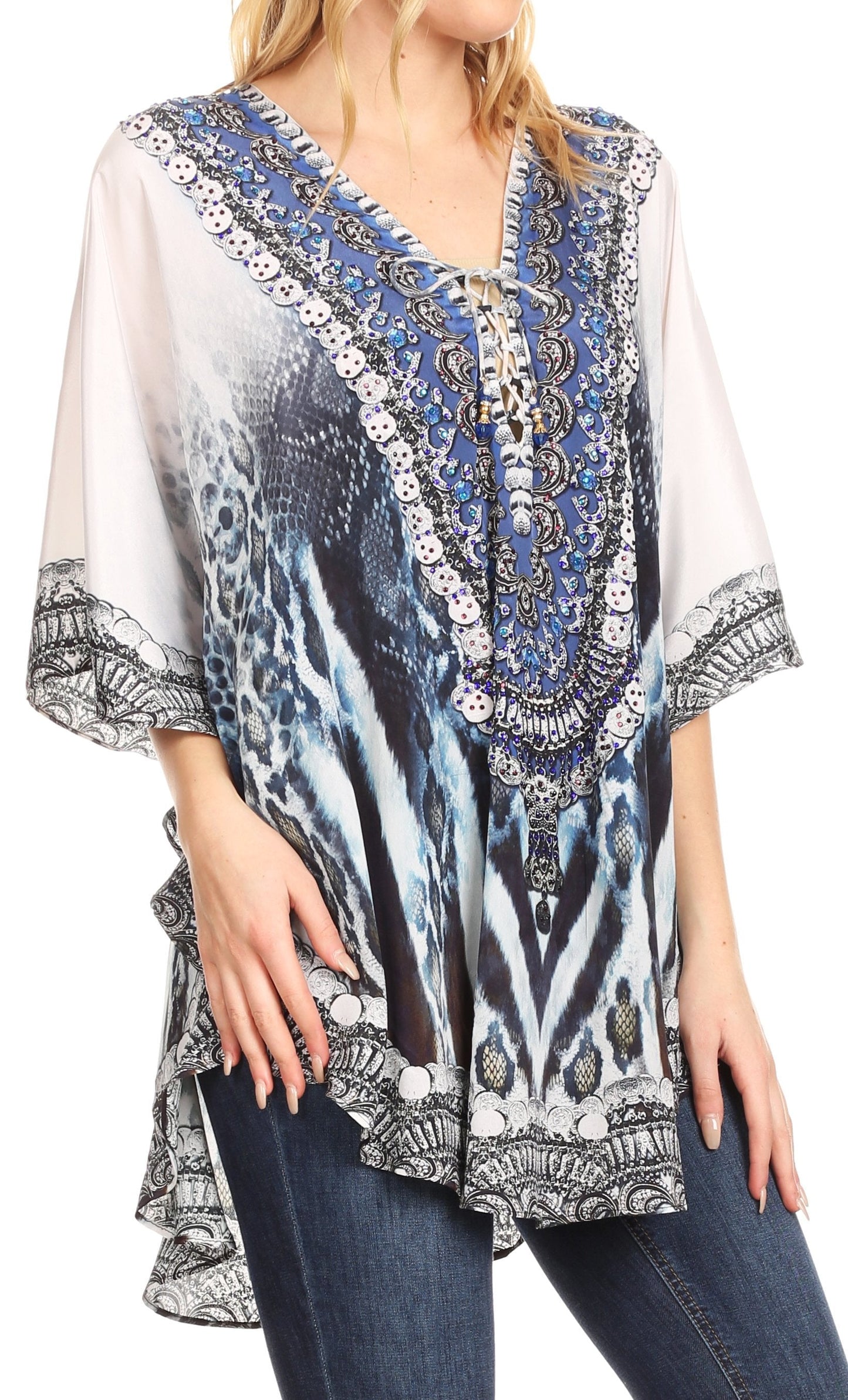 Sakkas Tallulah Wide Circle Blouse V Neck Top With Tassle Ties And Rhinestones - Concordia Style Boutique