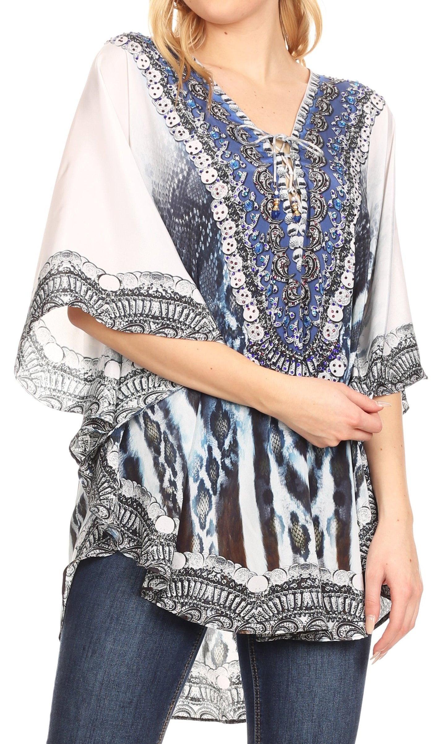 Sakkas Tallulah Wide Circle Blouse V Neck Top With Tassle Ties And Rhinestones - Concordia Style Boutique