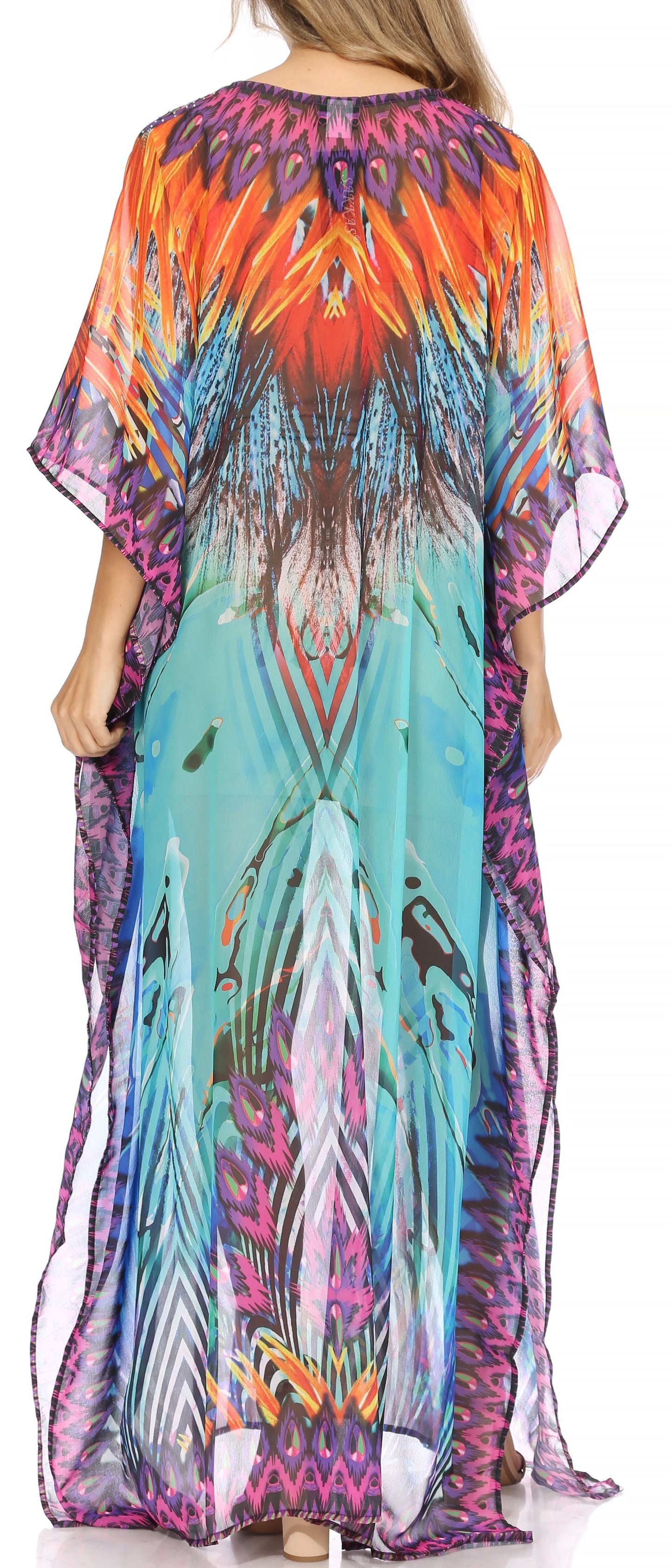 Sakkas Wilder Printed Design Long Sheer Rhinestone Caftan Dress / Cover Up - Concordia Style Boutique
