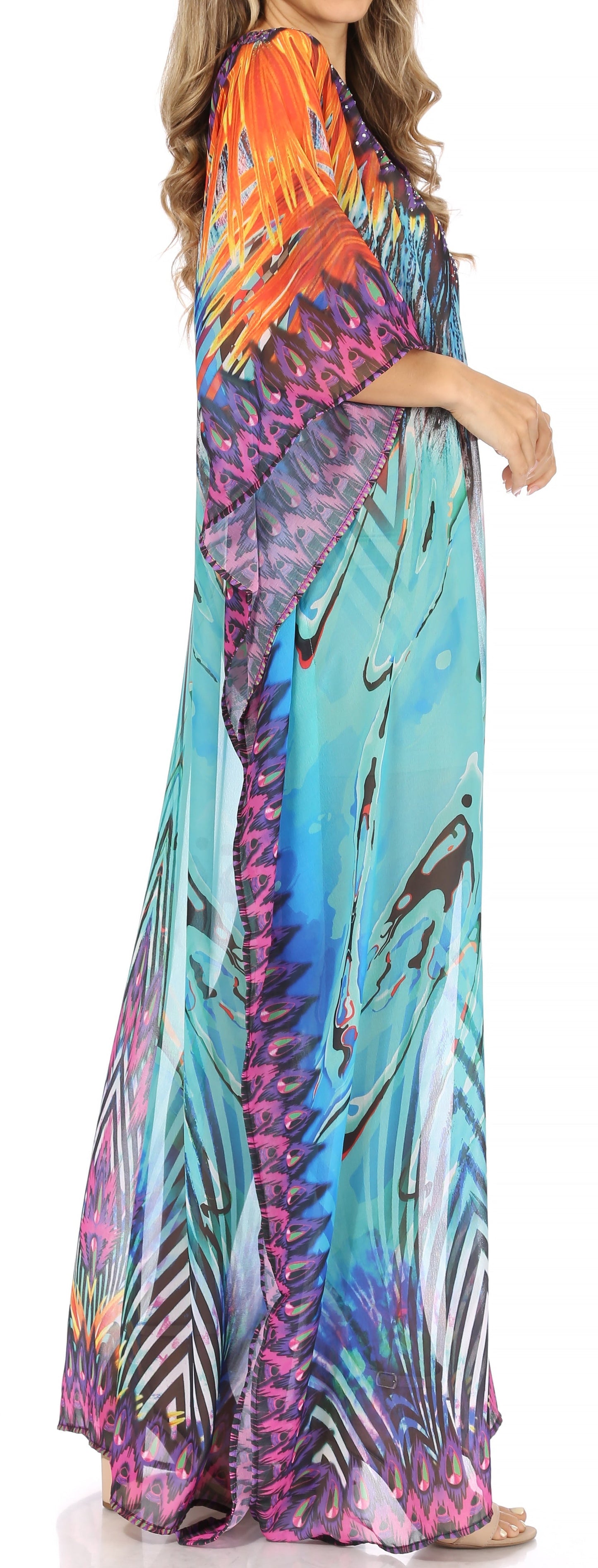 Sakkas Wilder Printed Design Long Sheer Rhinestone Caftan Dress / Cover Up - Concordia Style Boutique