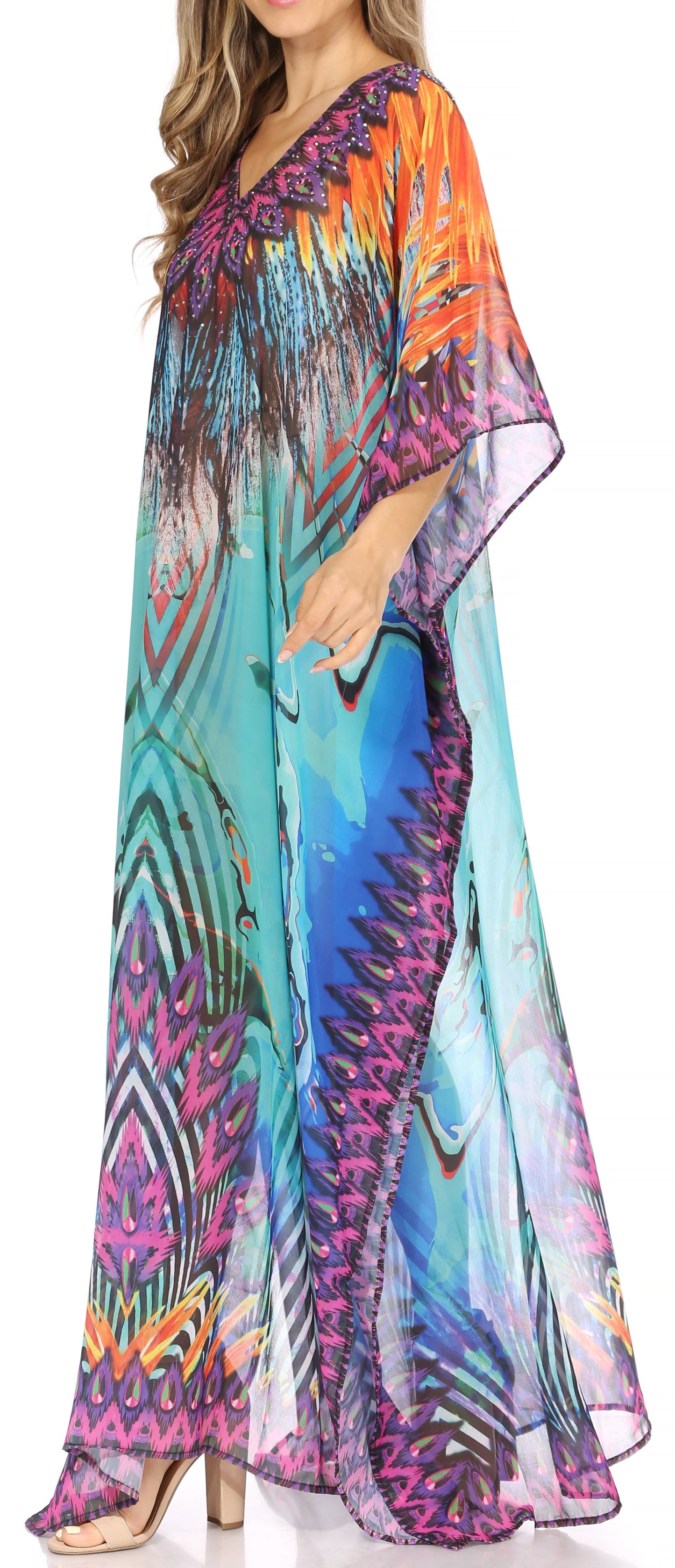 Sakkas Wilder Printed Design Long Sheer Rhinestone Caftan Dress / Cover Up - Concordia Style Boutique