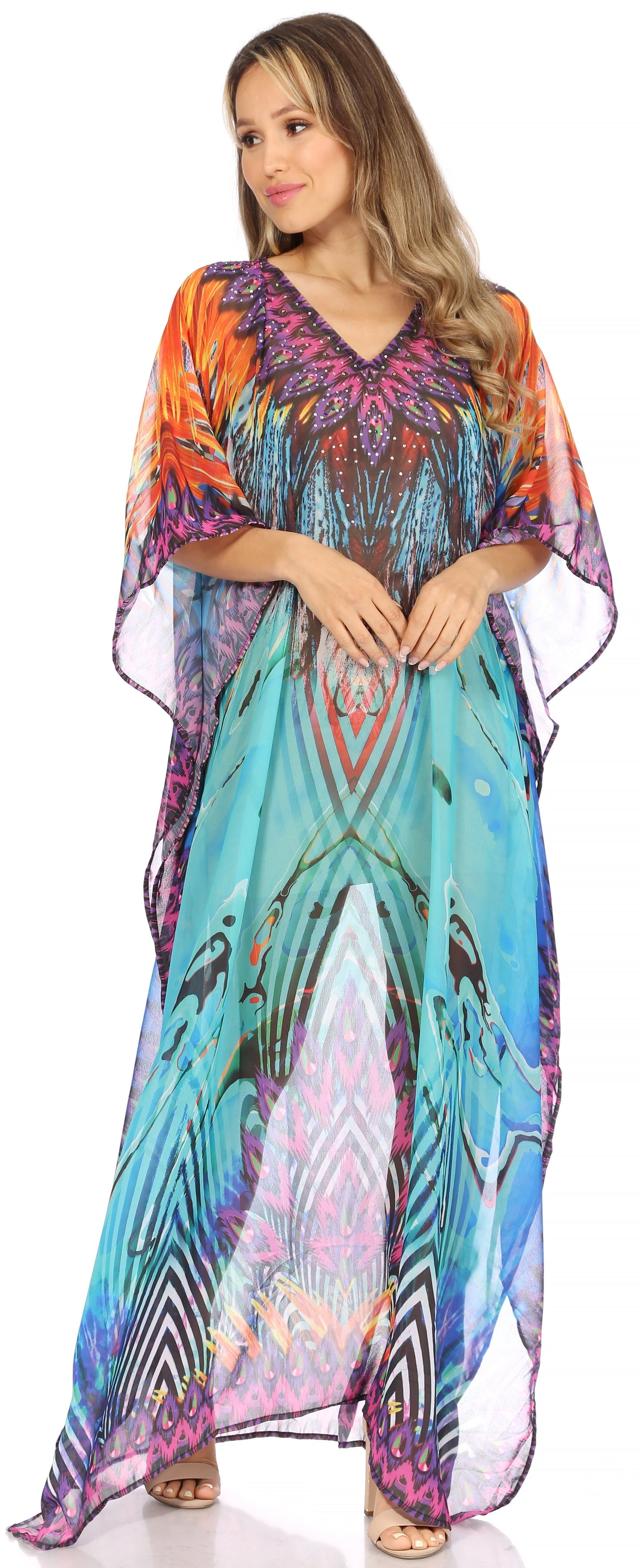 Sakkas Wilder Printed Design Long Sheer Rhinestone Caftan Dress / Cover Up - Concordia Style Boutique