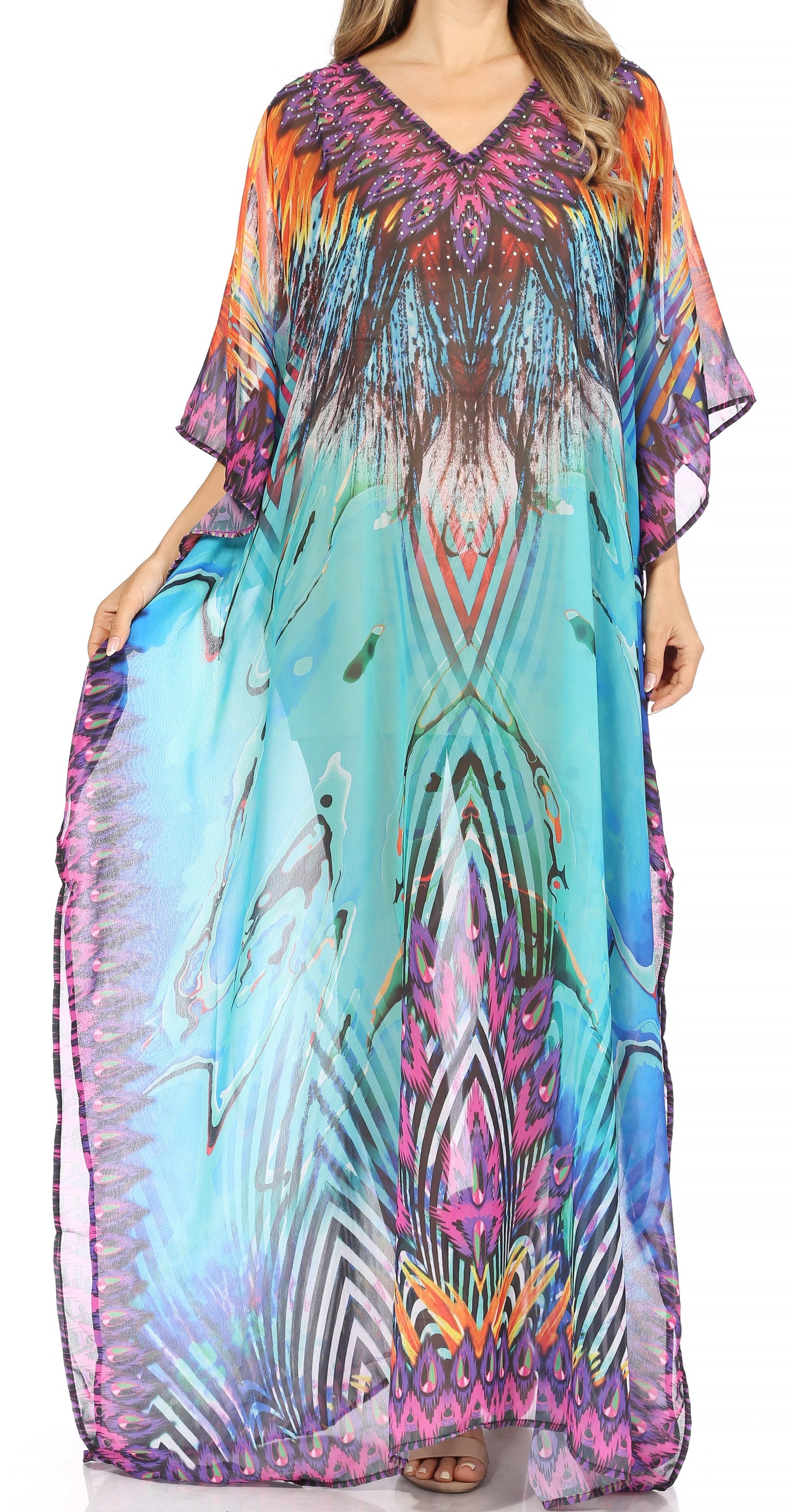 Sakkas Wilder Printed Design Long Sheer Rhinestone Caftan Dress / Cover Up - Concordia Style Boutique