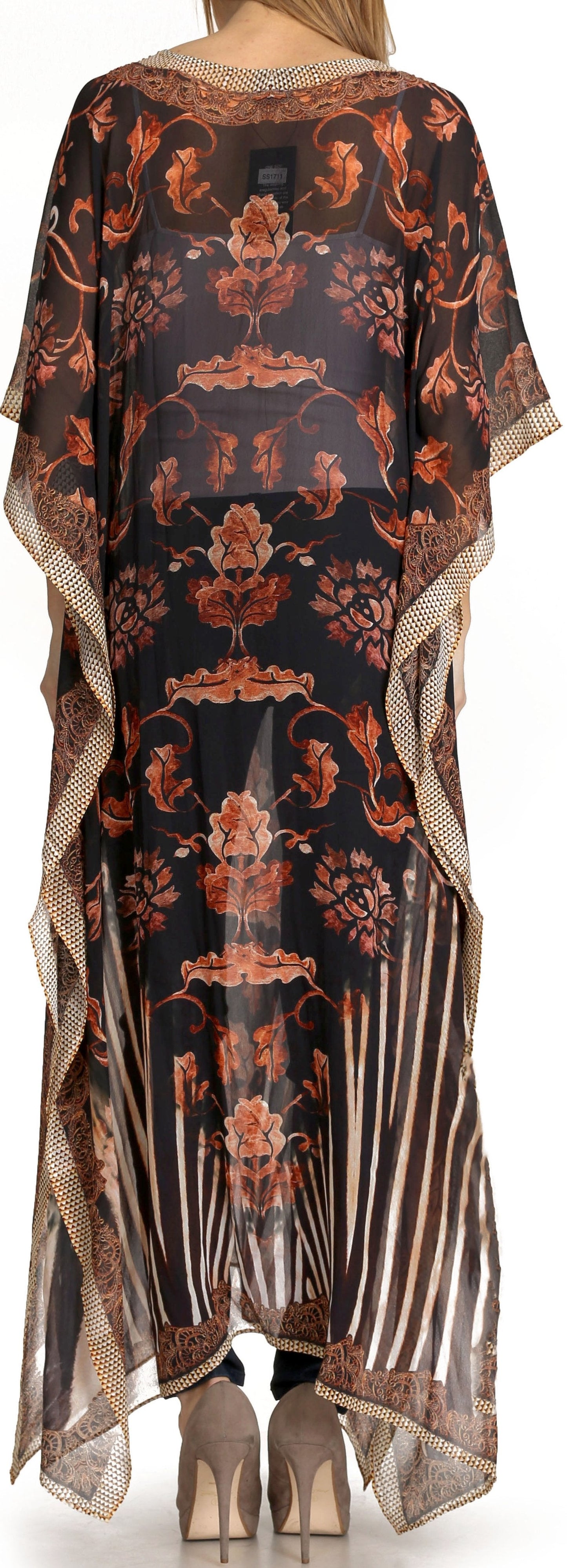 Sakkas Wilder Printed Design Long Sheer Rhinestone Caftan Dress / Cover Up - Concordia Style Boutique