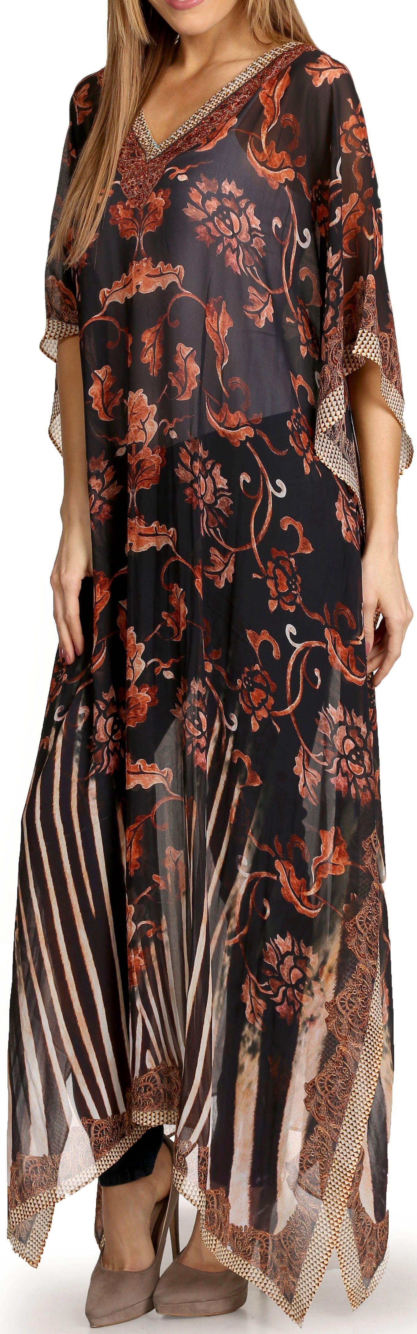 Sakkas Wilder Printed Design Long Sheer Rhinestone Caftan Dress / Cover Up - Concordia Style Boutique