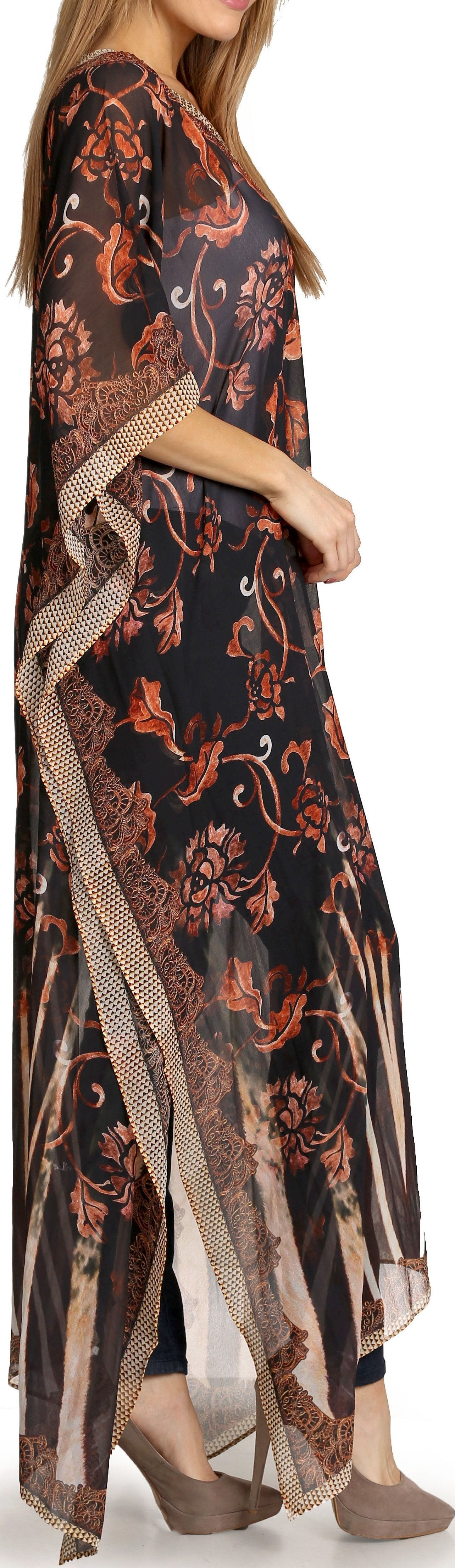 Sakkas Wilder Printed Design Long Sheer Rhinestone Caftan Dress / Cover Up - Concordia Style Boutique