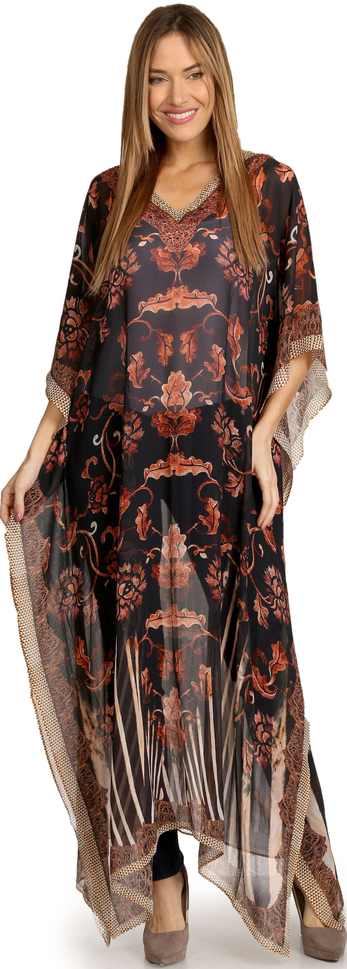 Sakkas Wilder Printed Design Long Sheer Rhinestone Caftan Dress / Cover Up - Concordia Style Boutique