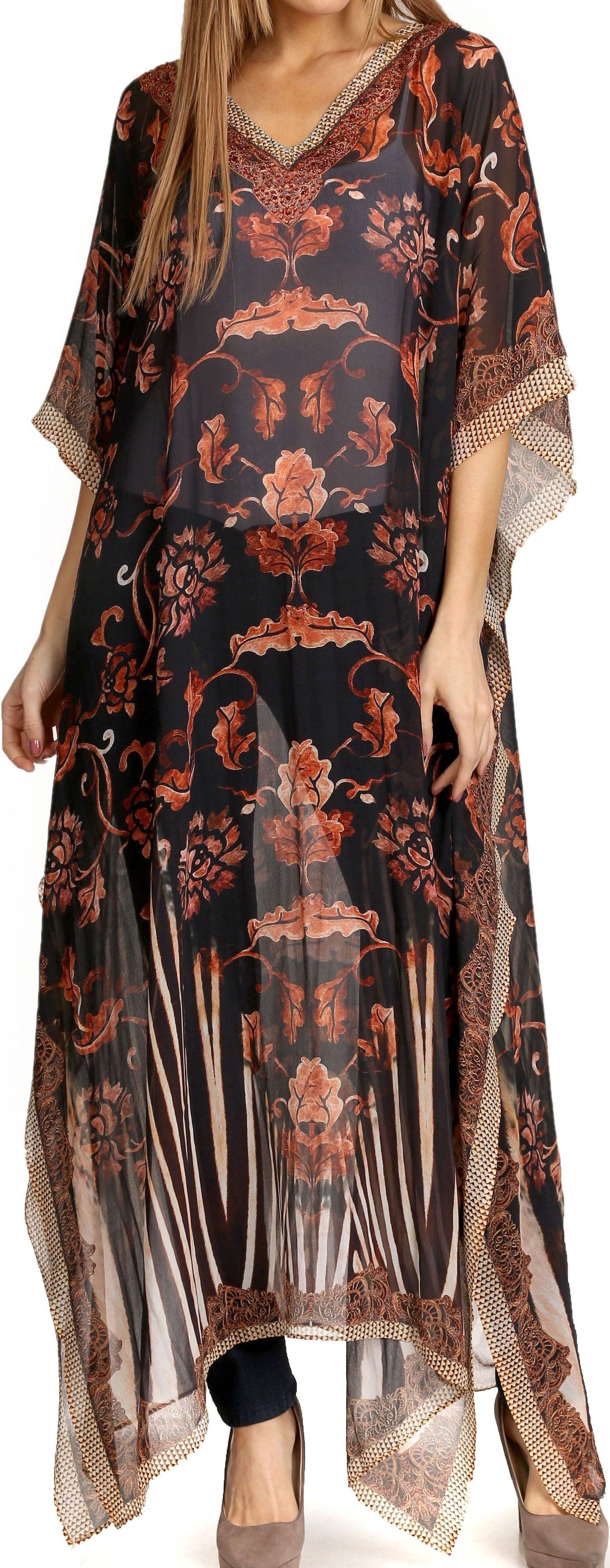 Sakkas Wilder Printed Design Long Sheer Rhinestone Caftan Dress / Cover Up - Concordia Style Boutique