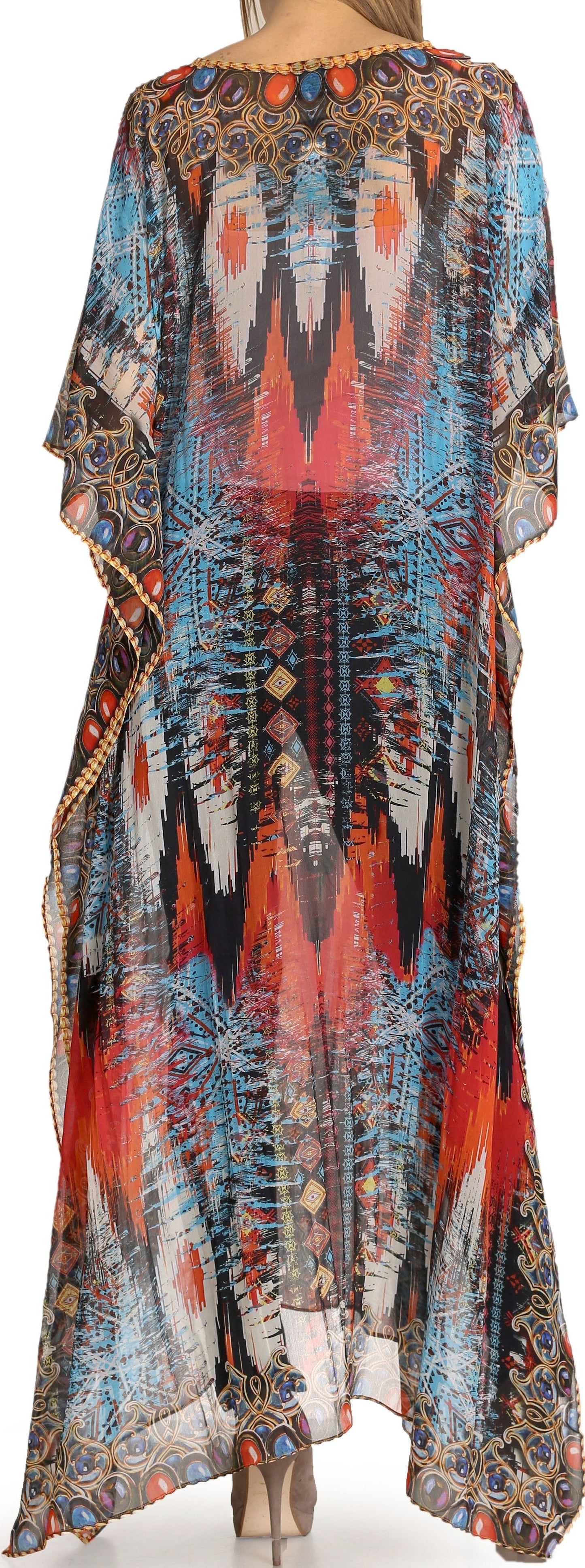 Sakkas Wilder Printed Design Long Sheer Rhinestone Caftan Dress / Cover Up - Concordia Style Boutique