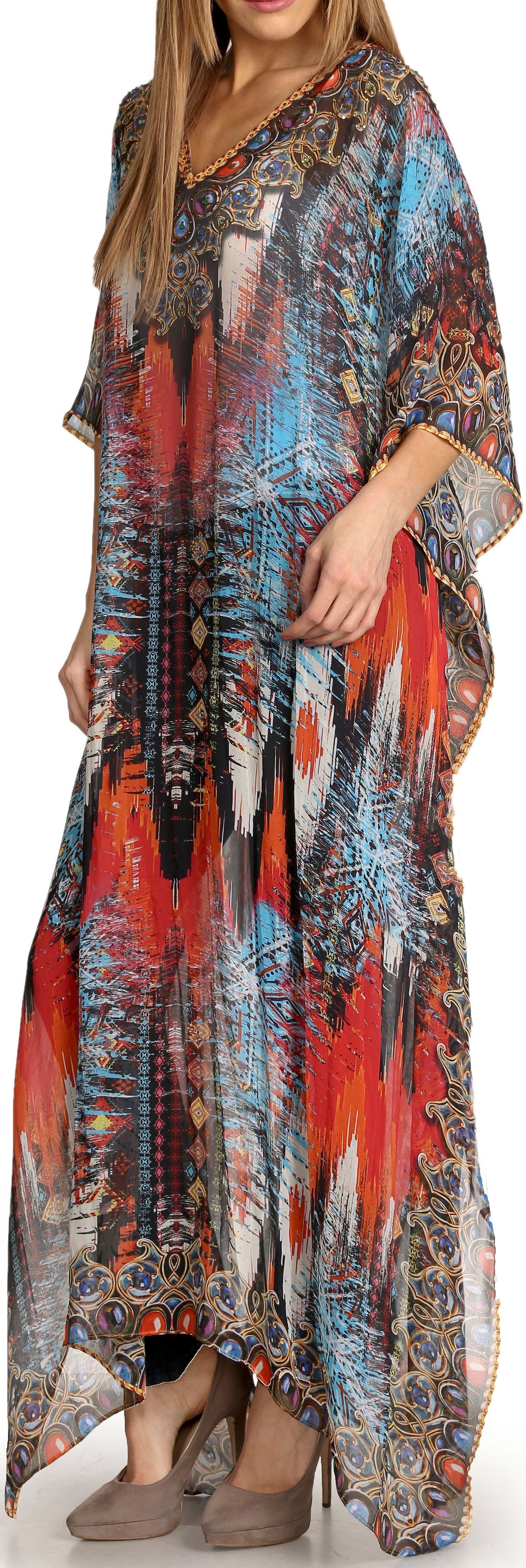 Sakkas Wilder Printed Design Long Sheer Rhinestone Caftan Dress / Cover Up - Concordia Style Boutique