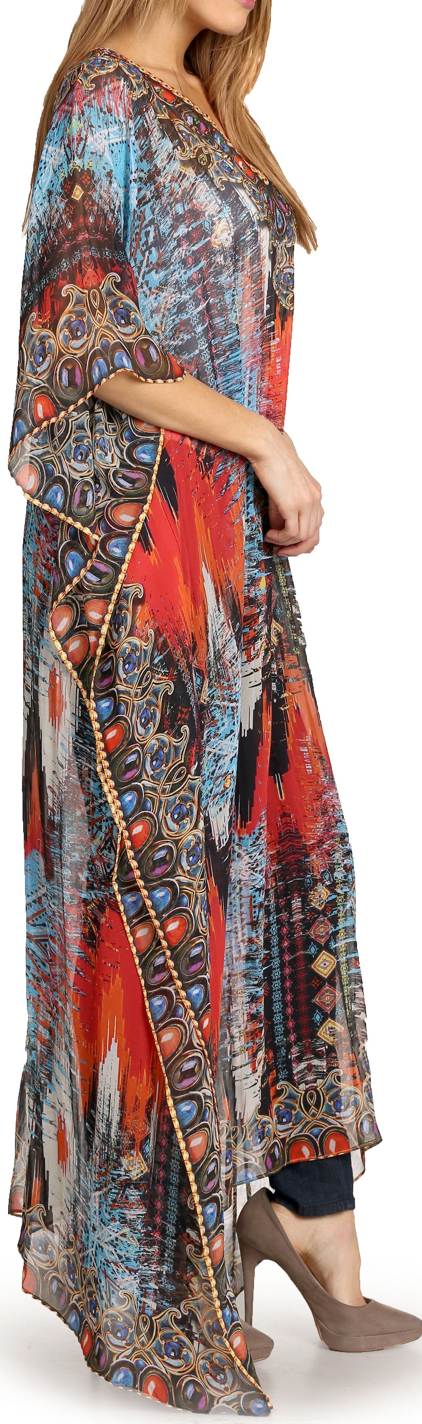 Sakkas Wilder Printed Design Long Sheer Rhinestone Caftan Dress / Cover Up - Concordia Style Boutique