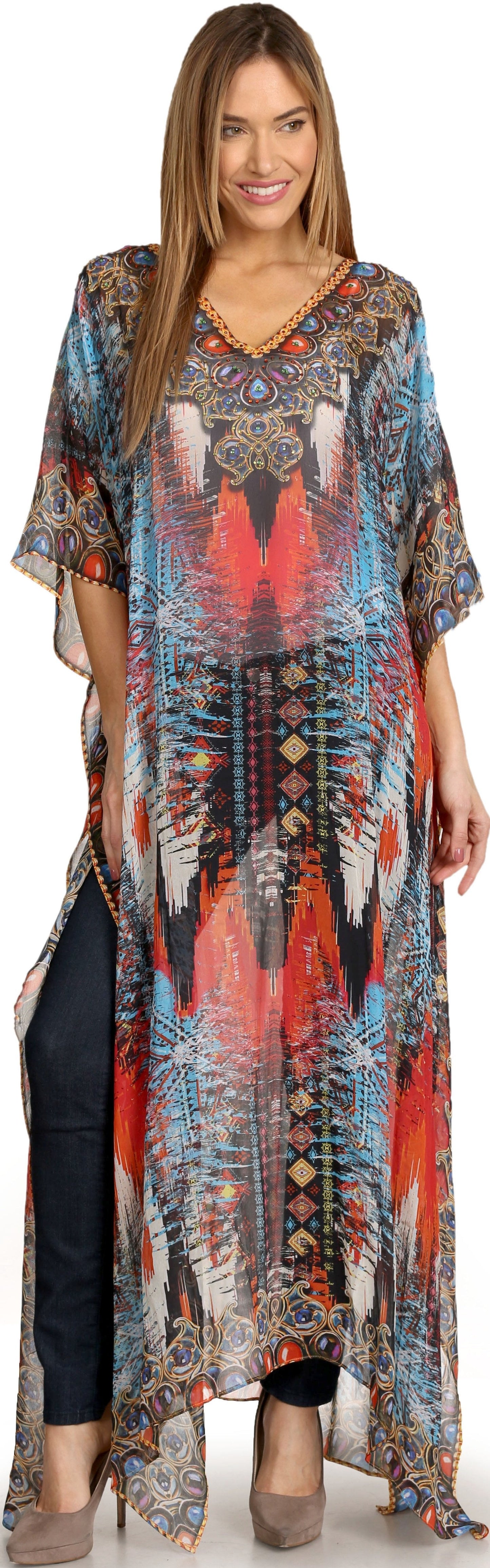 Sakkas Wilder Printed Design Long Sheer Rhinestone Caftan Dress / Cover Up - Concordia Style Boutique