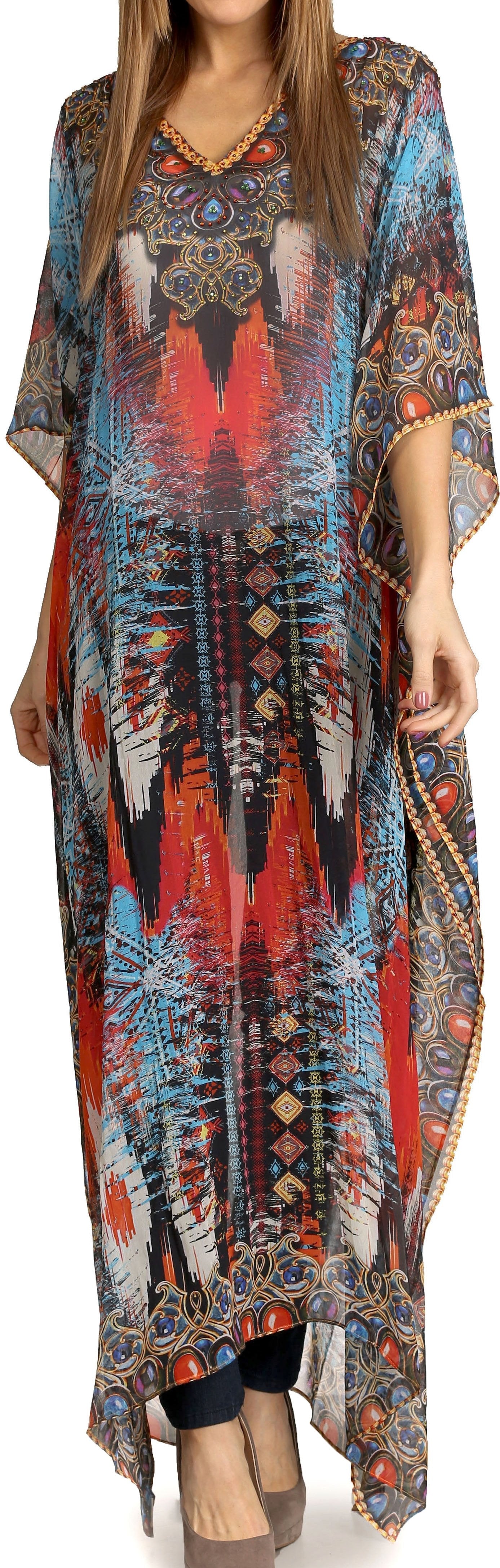 Sakkas Wilder Printed Design Long Sheer Rhinestone Caftan Dress / Cover Up - Concordia Style Boutique