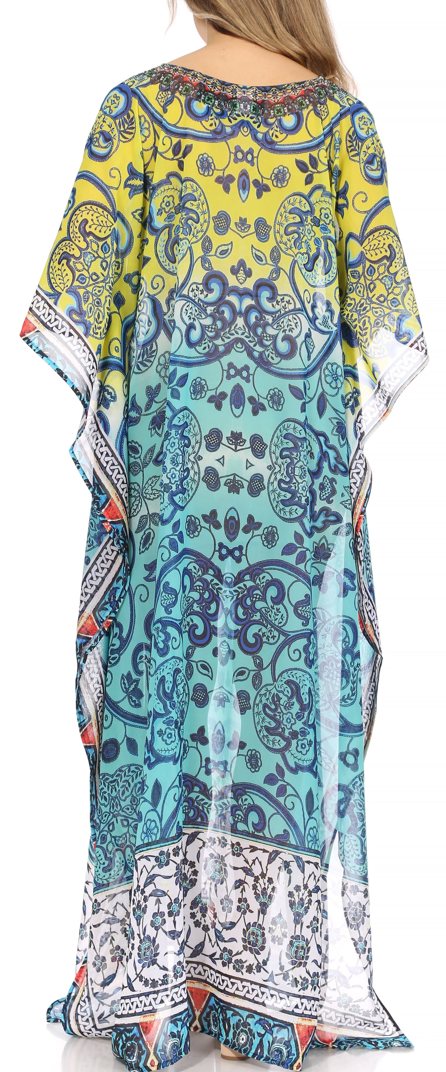Sakkas Wilder Printed Design Long Sheer Rhinestone Caftan Dress / Cover Up - Concordia Style Boutique