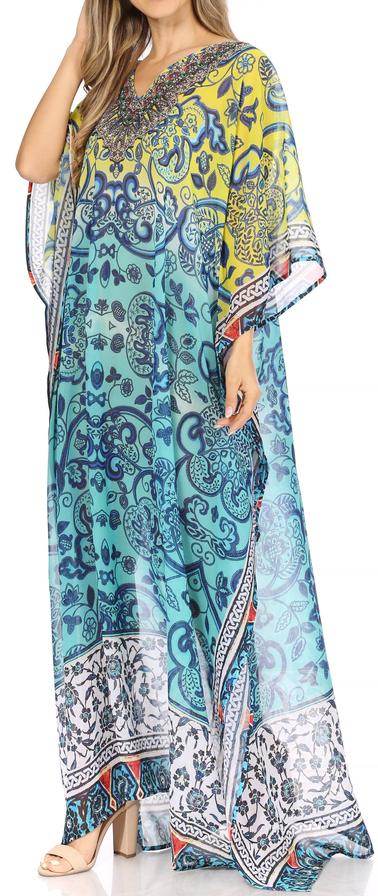 Sakkas Wilder Printed Design Long Sheer Rhinestone Caftan Dress / Cover Up - Concordia Style Boutique
