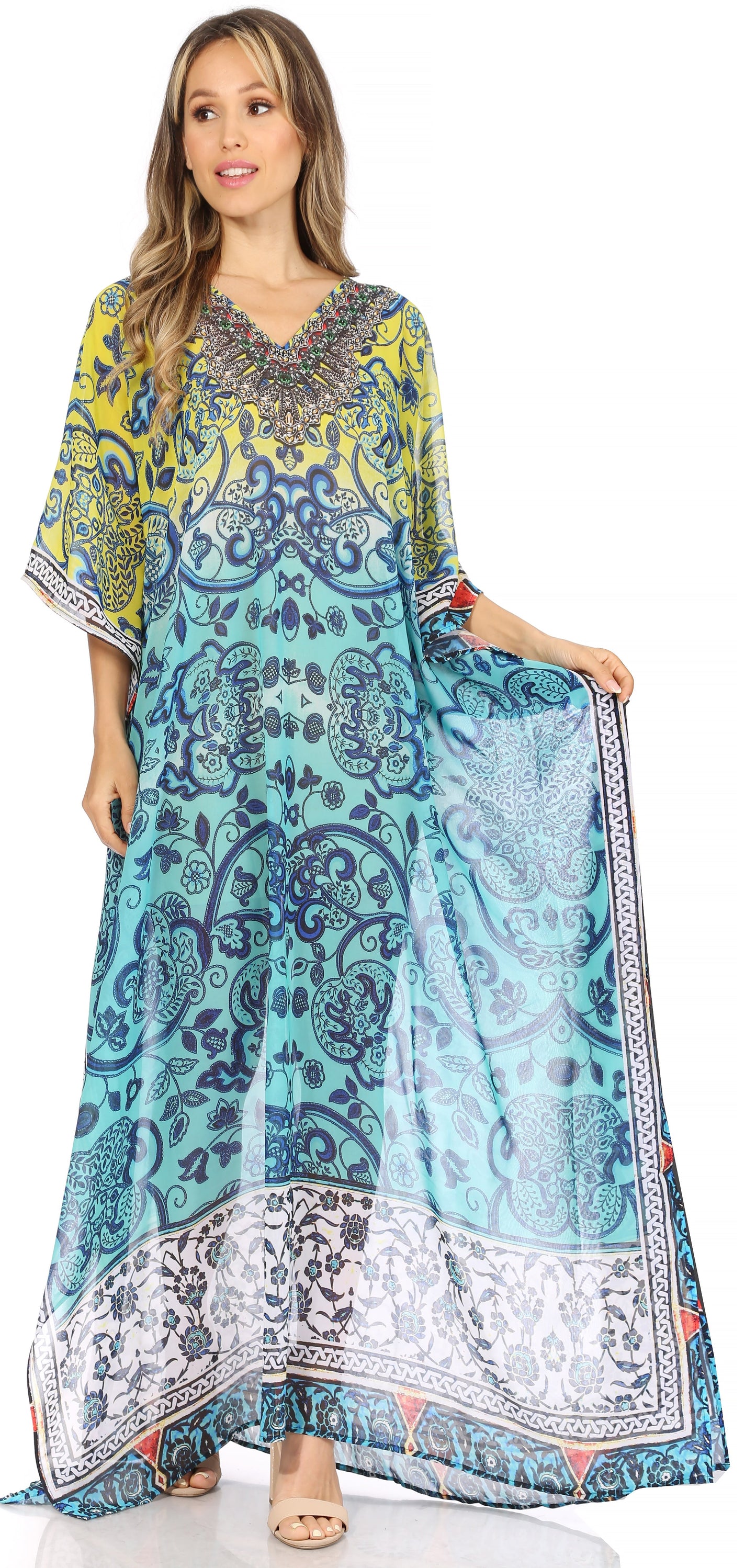 Sakkas Wilder Printed Design Long Sheer Rhinestone Caftan Dress / Cover Up - Concordia Style Boutique