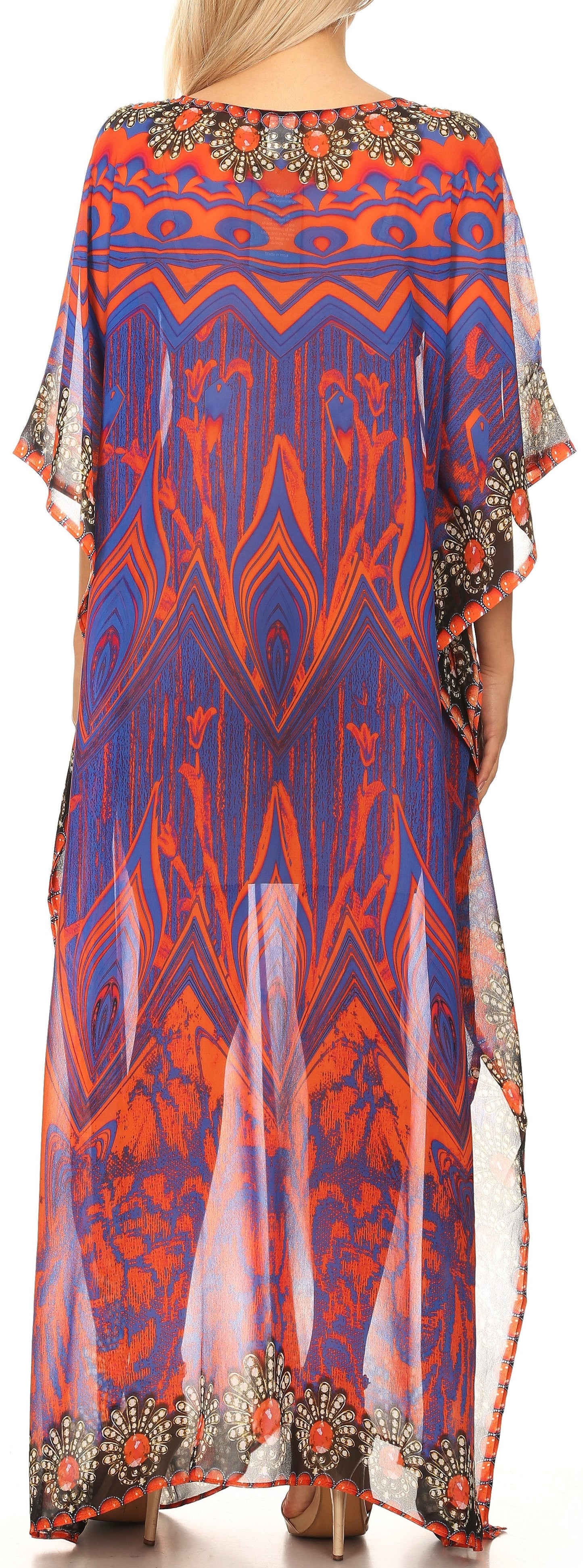 Sakkas Wilder Printed Design Long Sheer Rhinestone Caftan Dress / Cover Up - Concordia Style Boutique