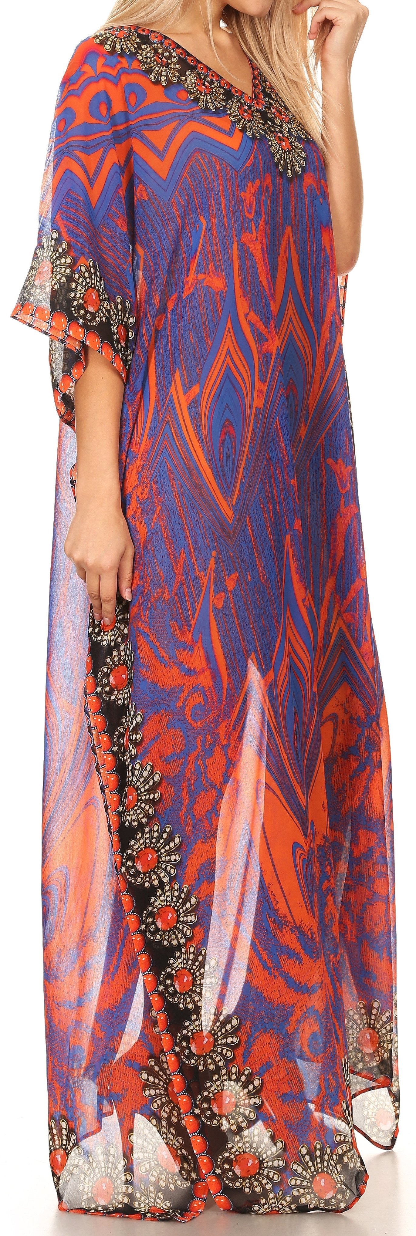 Sakkas Wilder Printed Design Long Sheer Rhinestone Caftan Dress / Cover Up - Concordia Style Boutique
