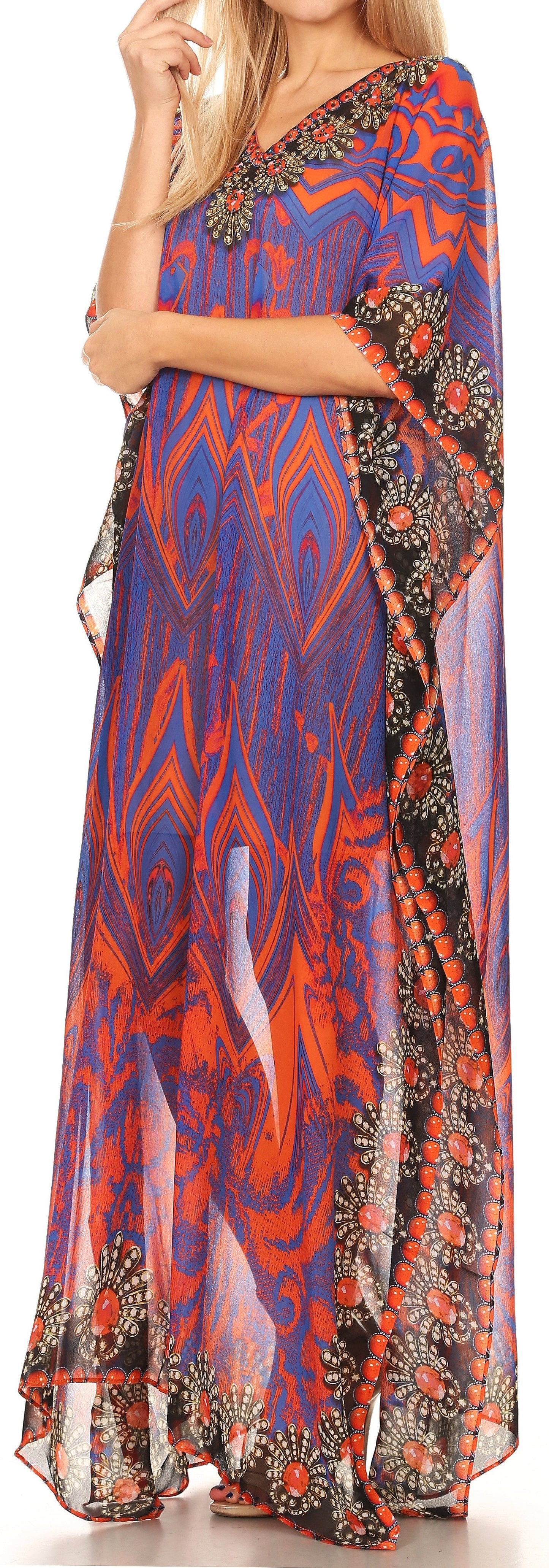 Sakkas Wilder Printed Design Long Sheer Rhinestone Caftan Dress / Cover Up - Concordia Style Boutique