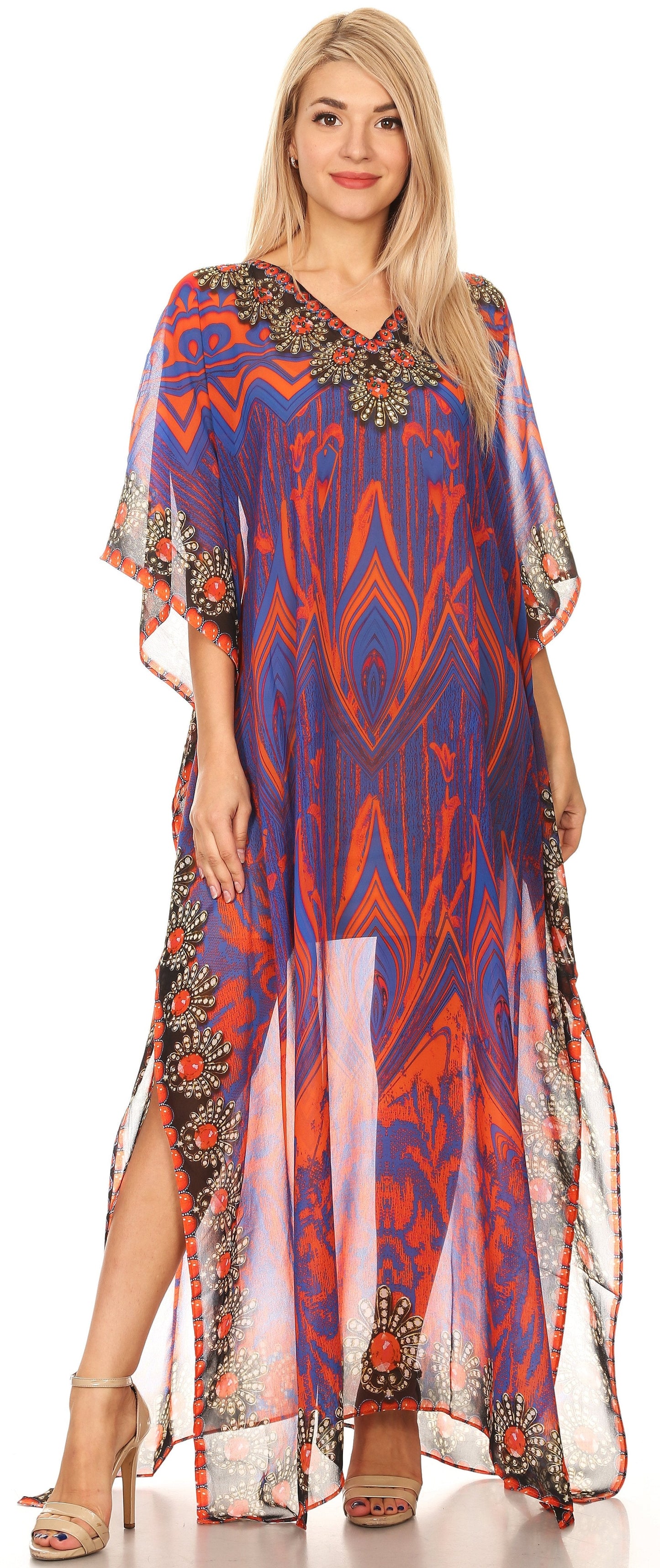 Sakkas Wilder Printed Design Long Sheer Rhinestone Caftan Dress / Cover Up - Concordia Style Boutique