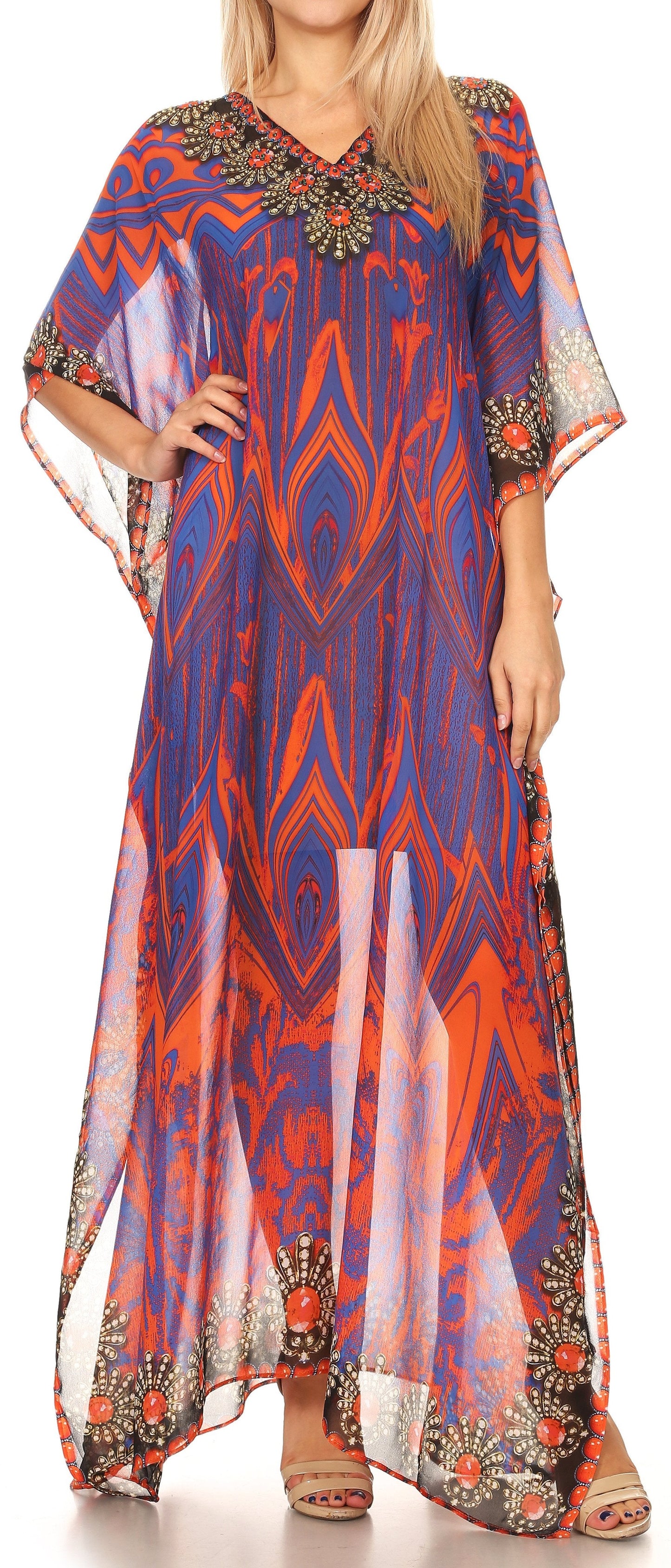 Sakkas Wilder Printed Design Long Sheer Rhinestone Caftan Dress / Cover Up - Concordia Style Boutique