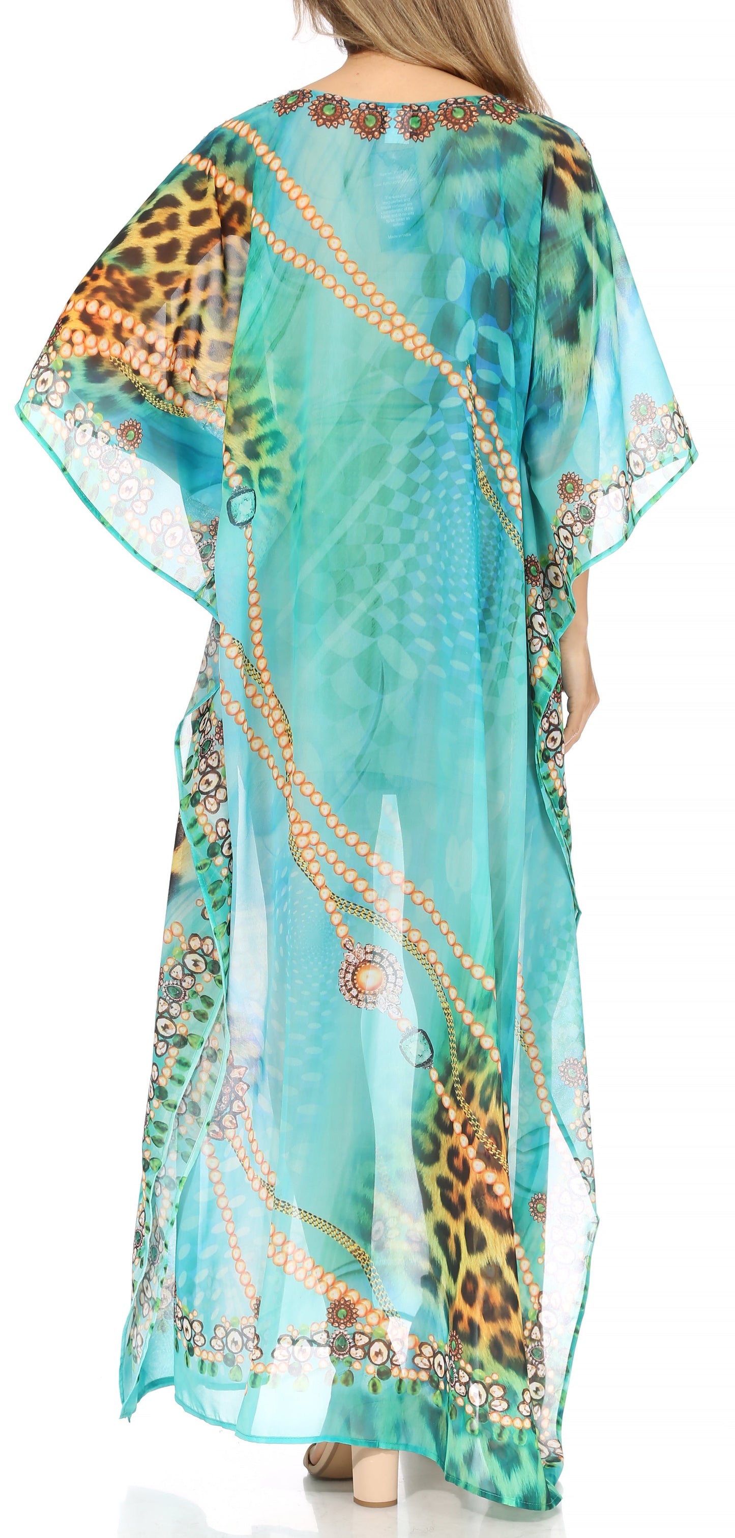 Sakkas Wilder Printed Design Long Sheer Rhinestone Caftan Dress / Cover Up - Concordia Style Boutique