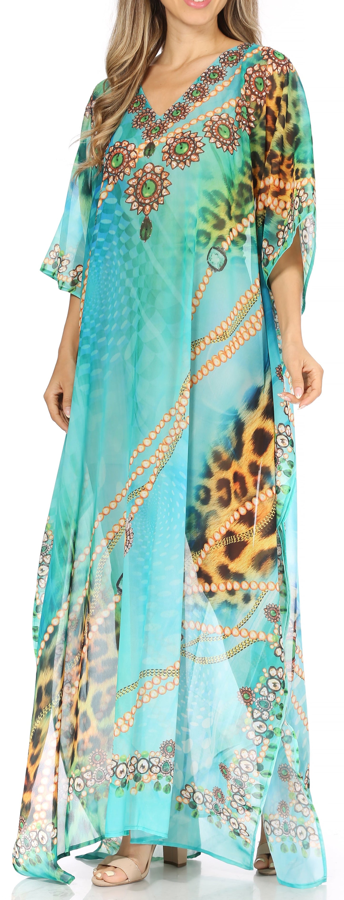 Sakkas Wilder Printed Design Long Sheer Rhinestone Caftan Dress / Cover Up - Concordia Style Boutique