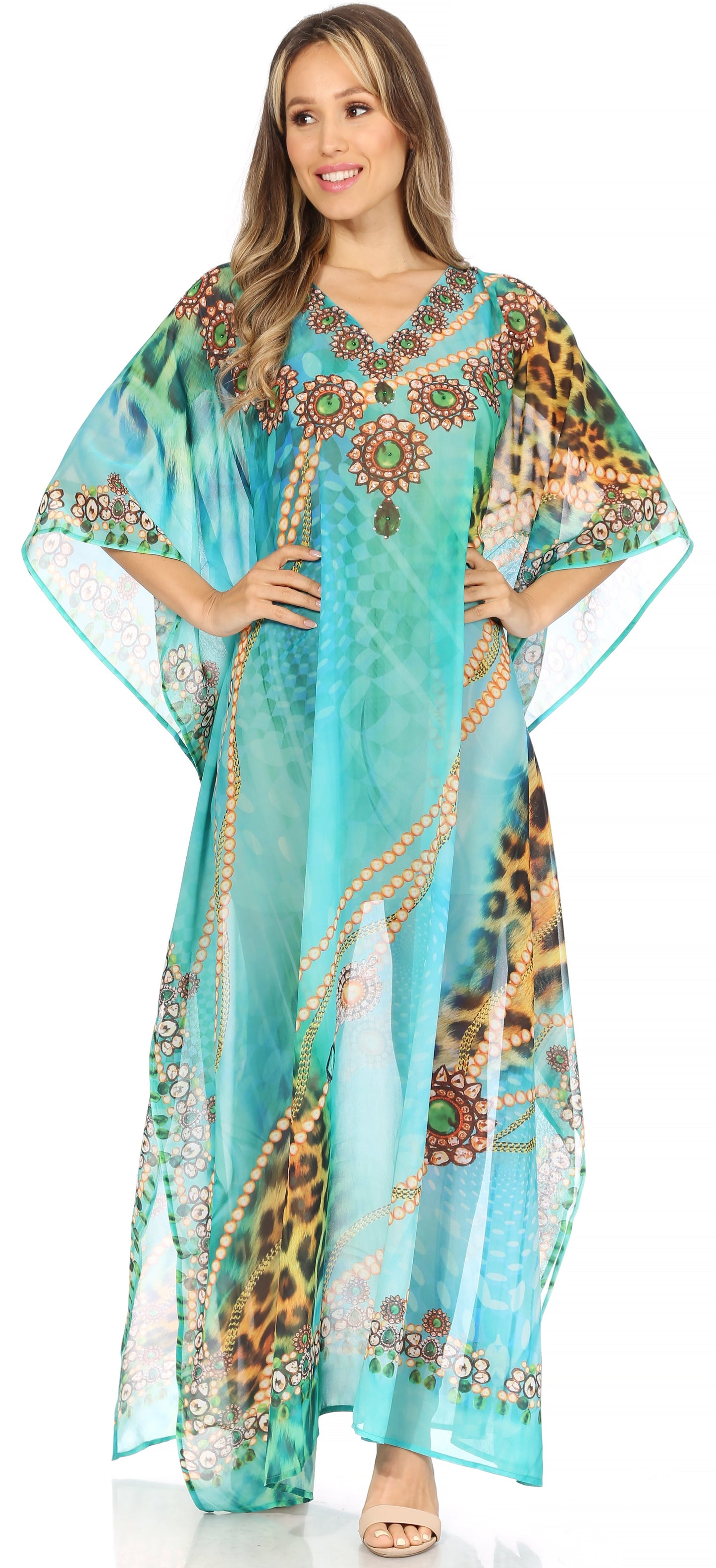 Sakkas Wilder Printed Design Long Sheer Rhinestone Caftan Dress / Cover Up - Concordia Style Boutique