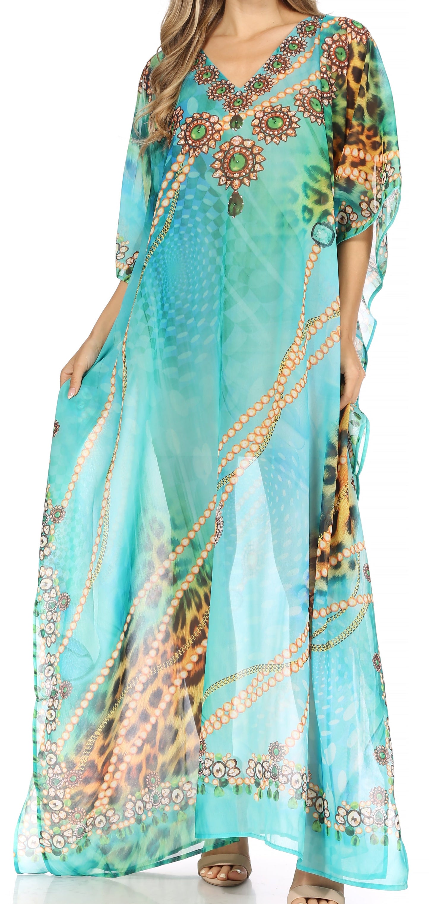 Sakkas Wilder Printed Design Long Sheer Rhinestone Caftan Dress / Cover Up - Concordia Style Boutique