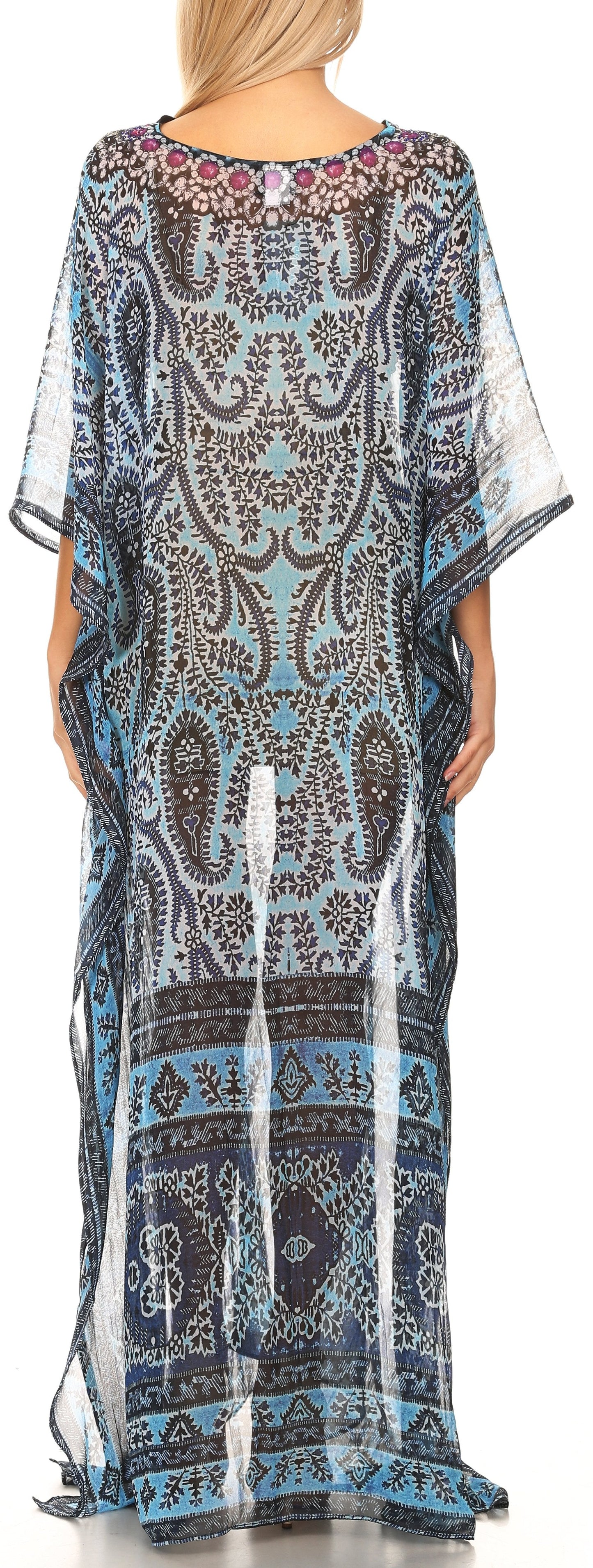 Sakkas Wilder Printed Design Long Sheer Rhinestone Caftan Dress / Cover Up - Concordia Style Boutique